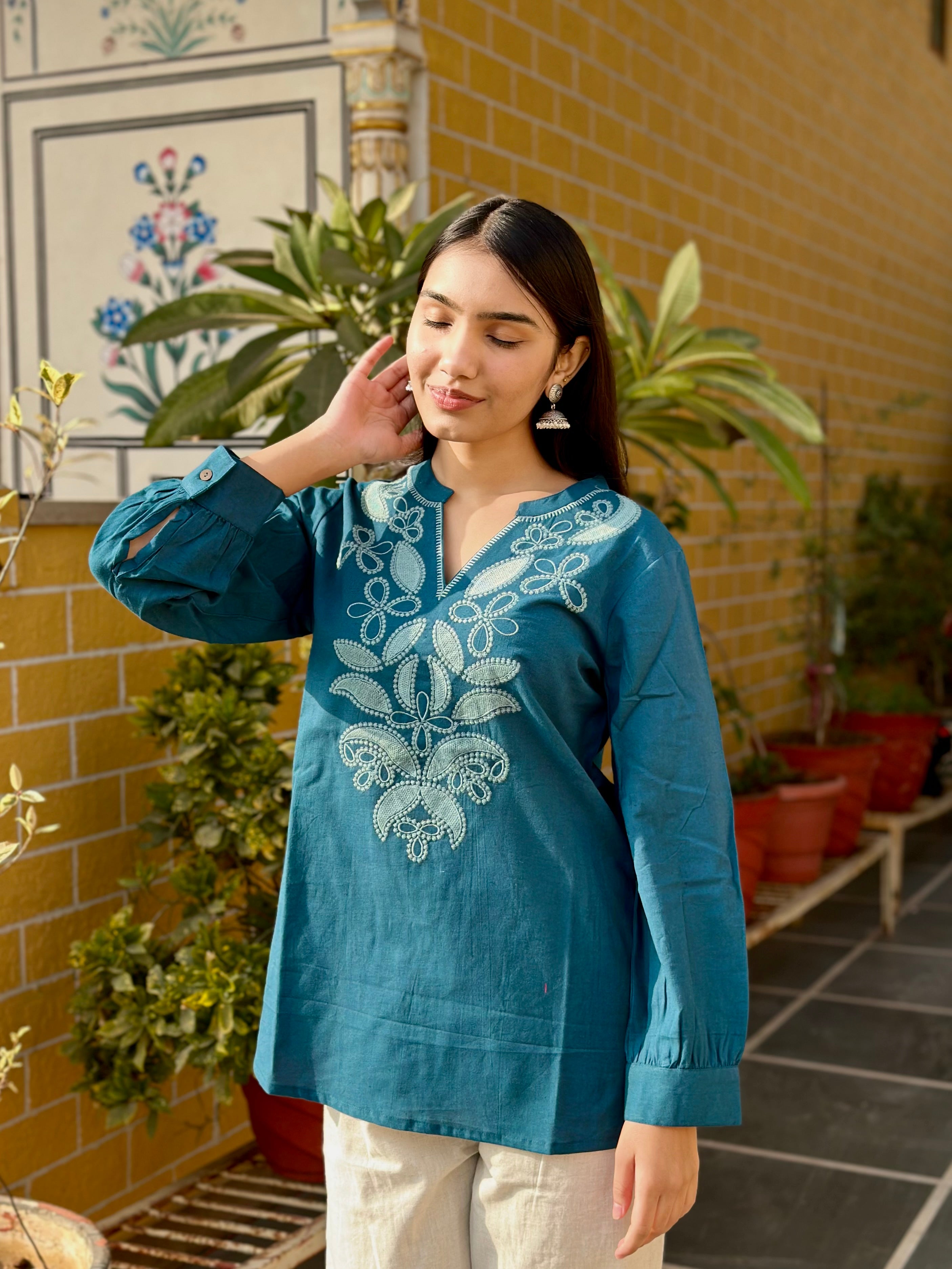Teal Blue Cotton Flex Kurti With Floral Embroidery