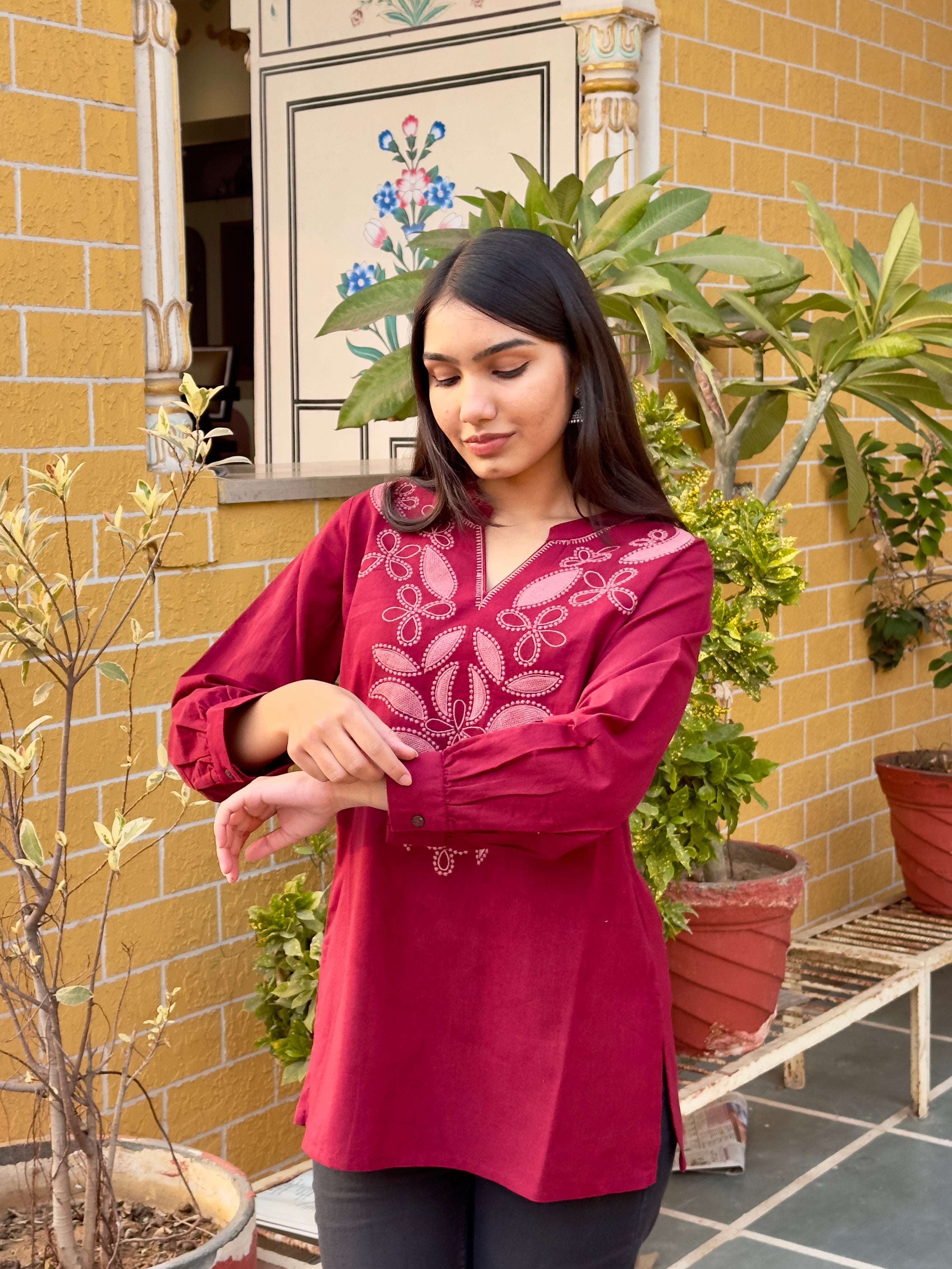 Burgundy Cotton Flex Kurti With Floral Embroidery