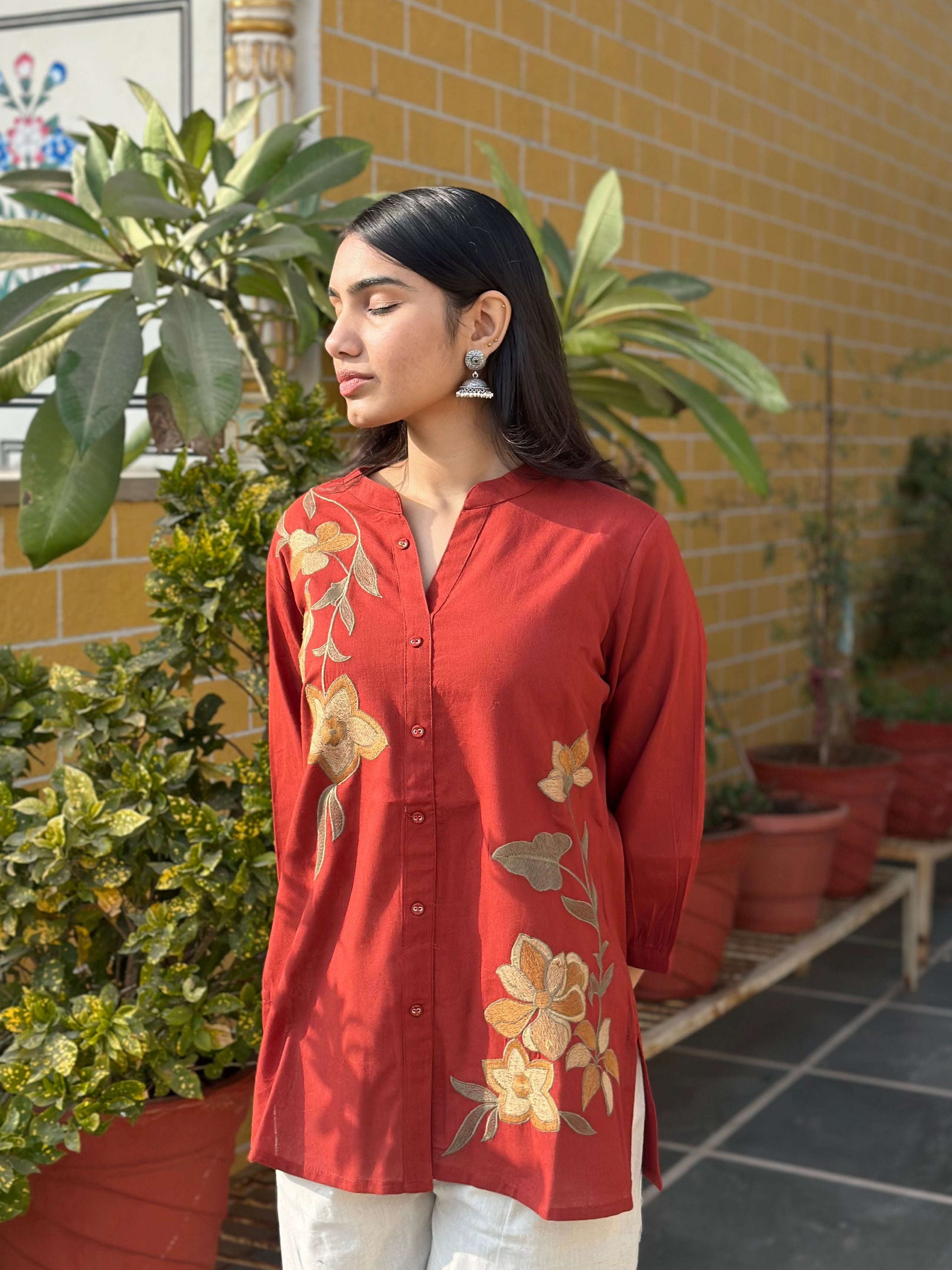 Rust Cotton Flex Kurti With Floral Embroidery