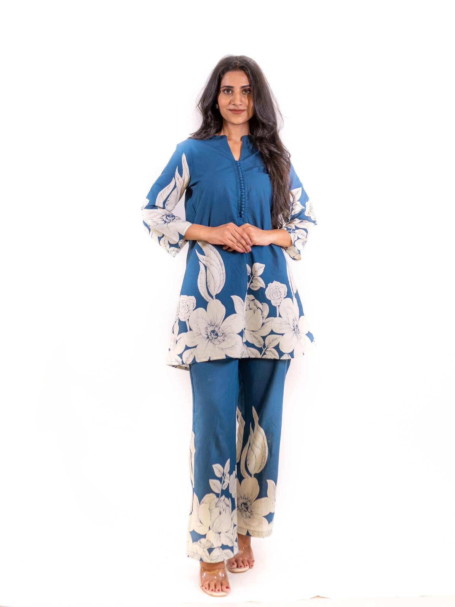 Blue Gulzar Co-ord Set with Ivory Floral Detailing