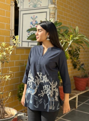 Black Cotton Flex Kurti With Beige Tree Inspired Print