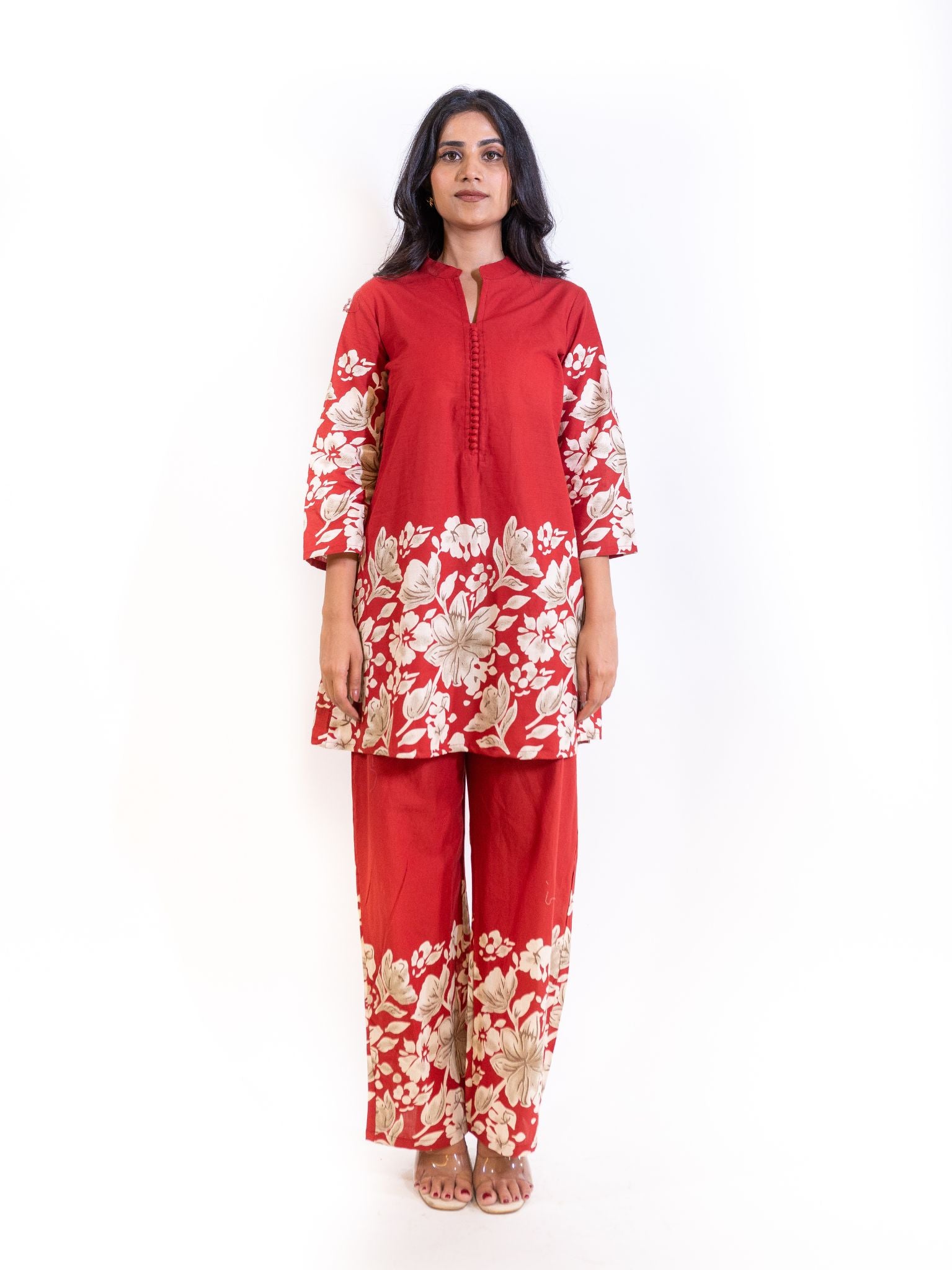 Red Floral Co-ord Set with Mandarin Collar Kurti and Pants