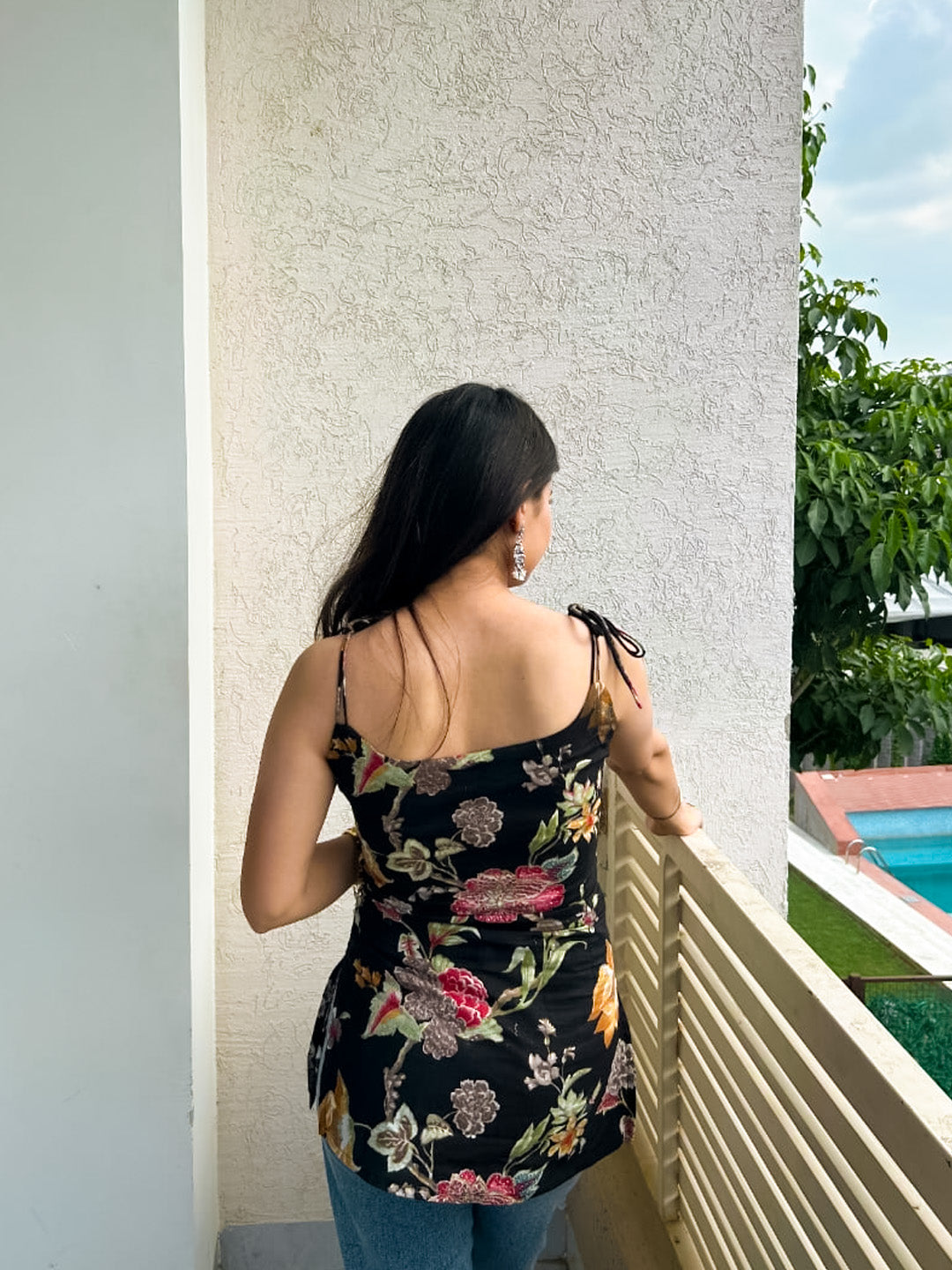 Black Floral Kurti with Stylish Doris and Elegant Detailing