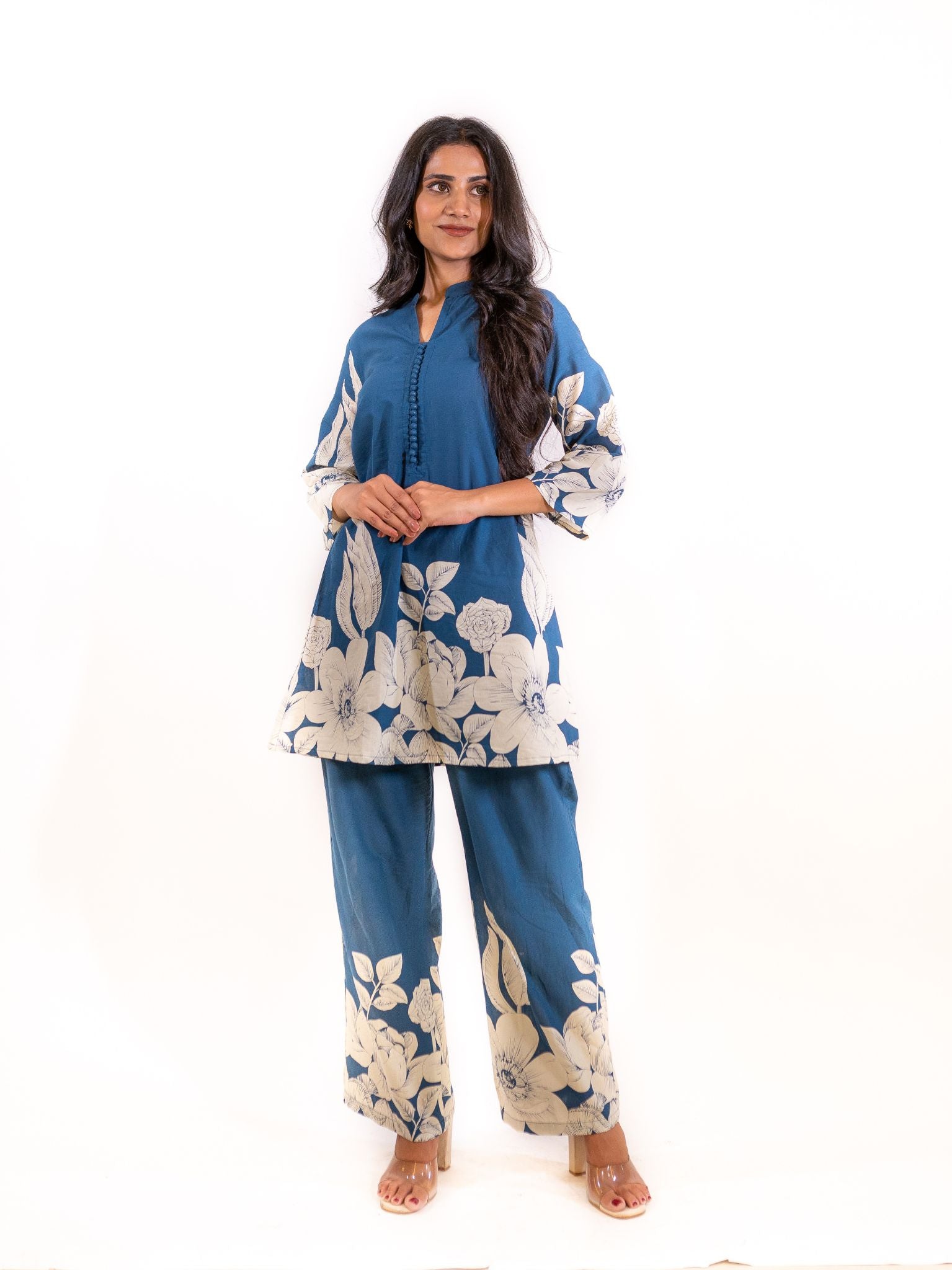 Blue Gulzar Co-ord Set with Ivory Floral Detailing