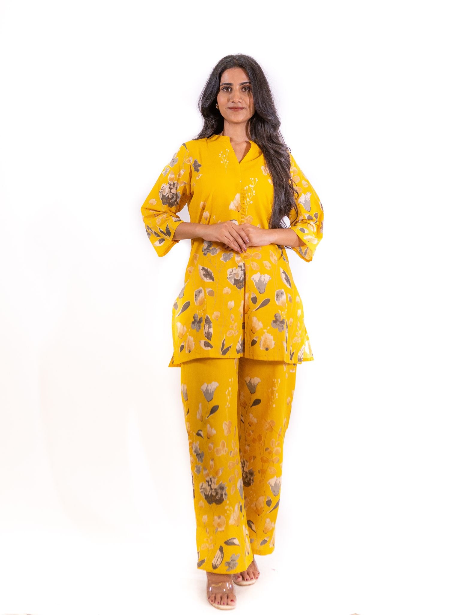 Yellow Floral Bageecha Co-ord Set with Kurti and Straight Pants