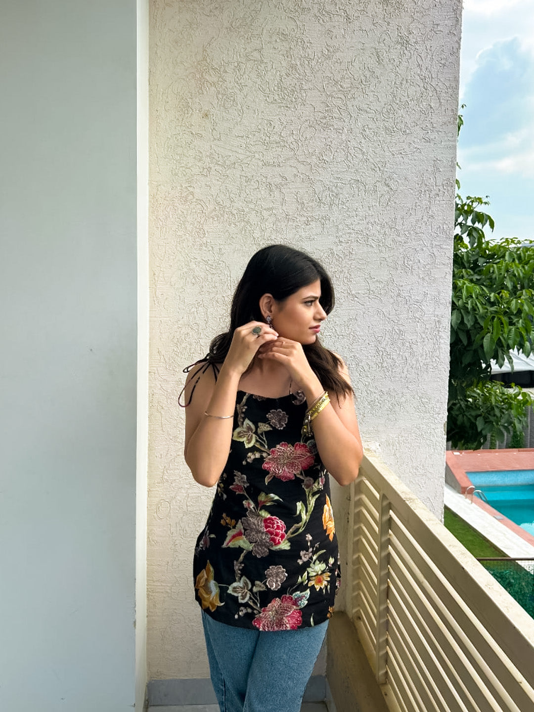 Black Floral Kurti with Stylish Doris and Elegant Detailing