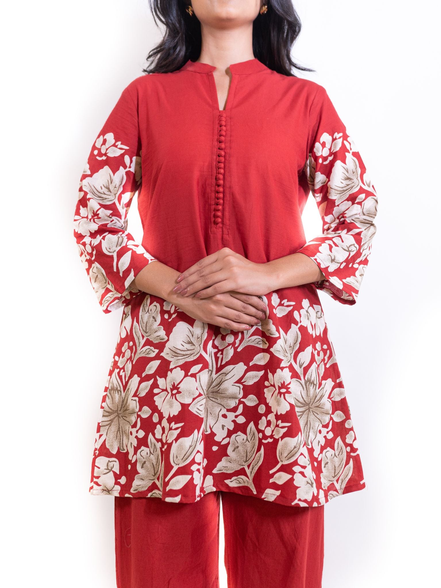 Red Floral Co-ord Set with Mandarin Collar Kurti and Pants