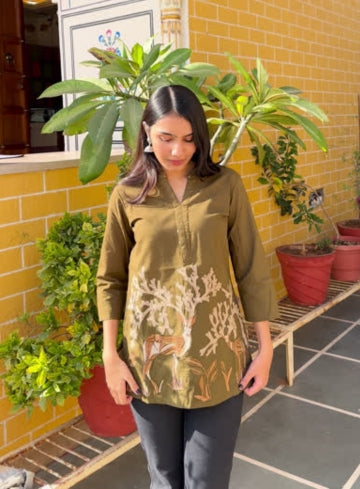 Olive Cotton Flex Kurti With Elegant Beige Nature Print