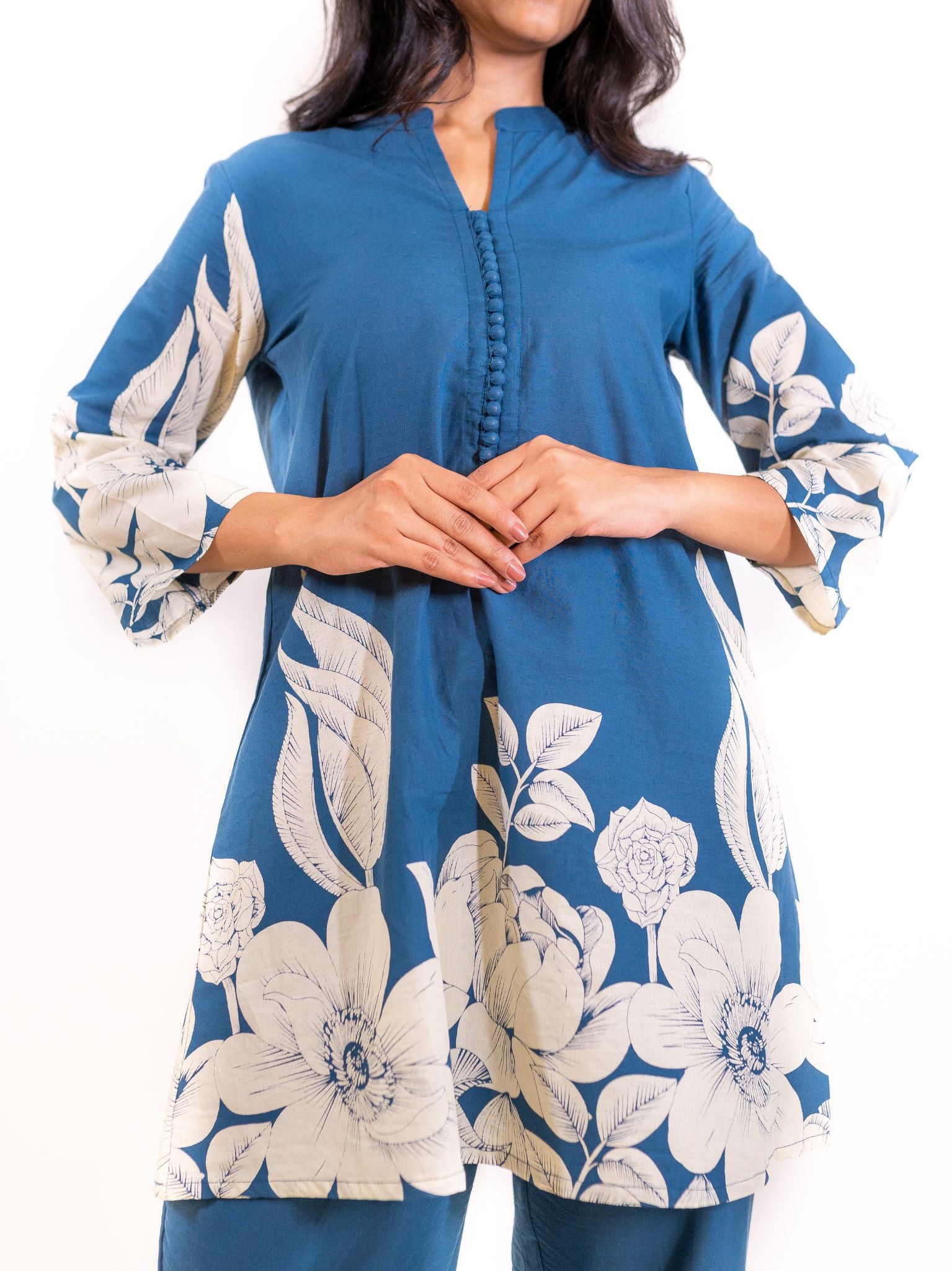 Blue Gulzar Co-ord Set with Ivory Floral Detailing