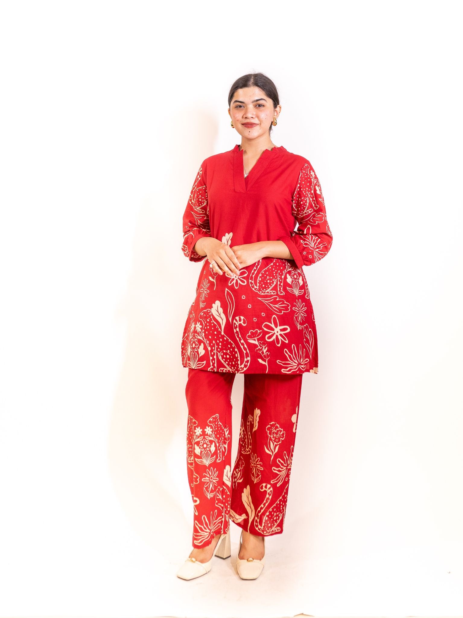 Red Gati Co-ord Set with Peacock and Floral Motifs