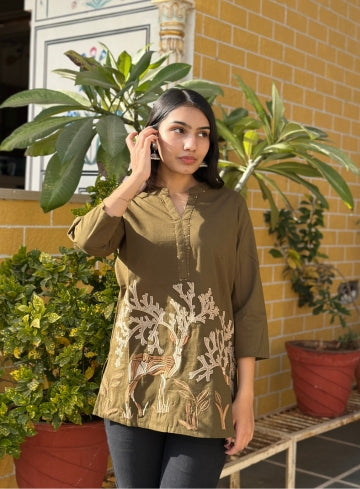 Olive Cotton Flex Kurti With Elegant Beige Nature Print