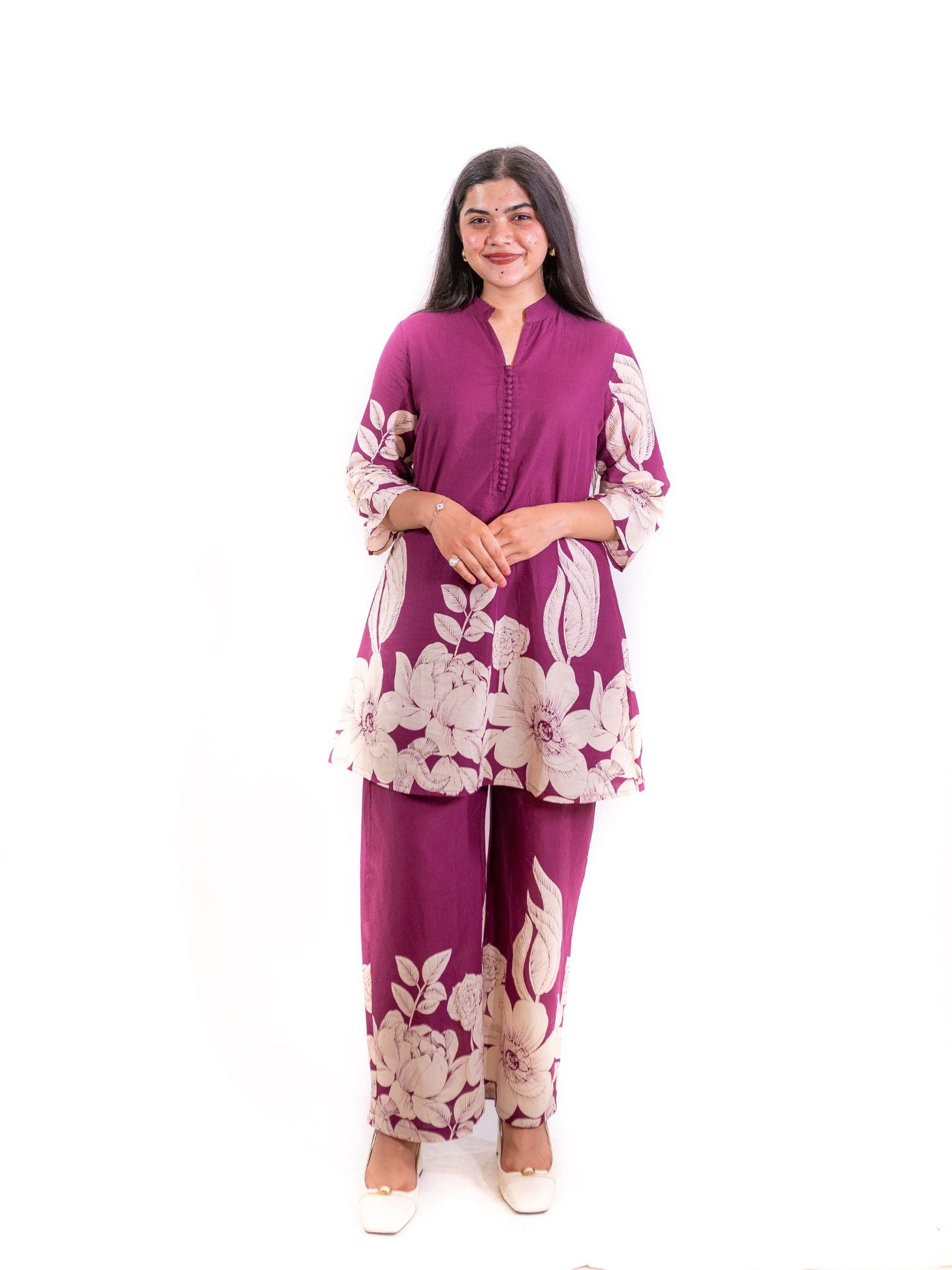 Purple Gulzar Co-ord Set with Ivory Floral Detailing