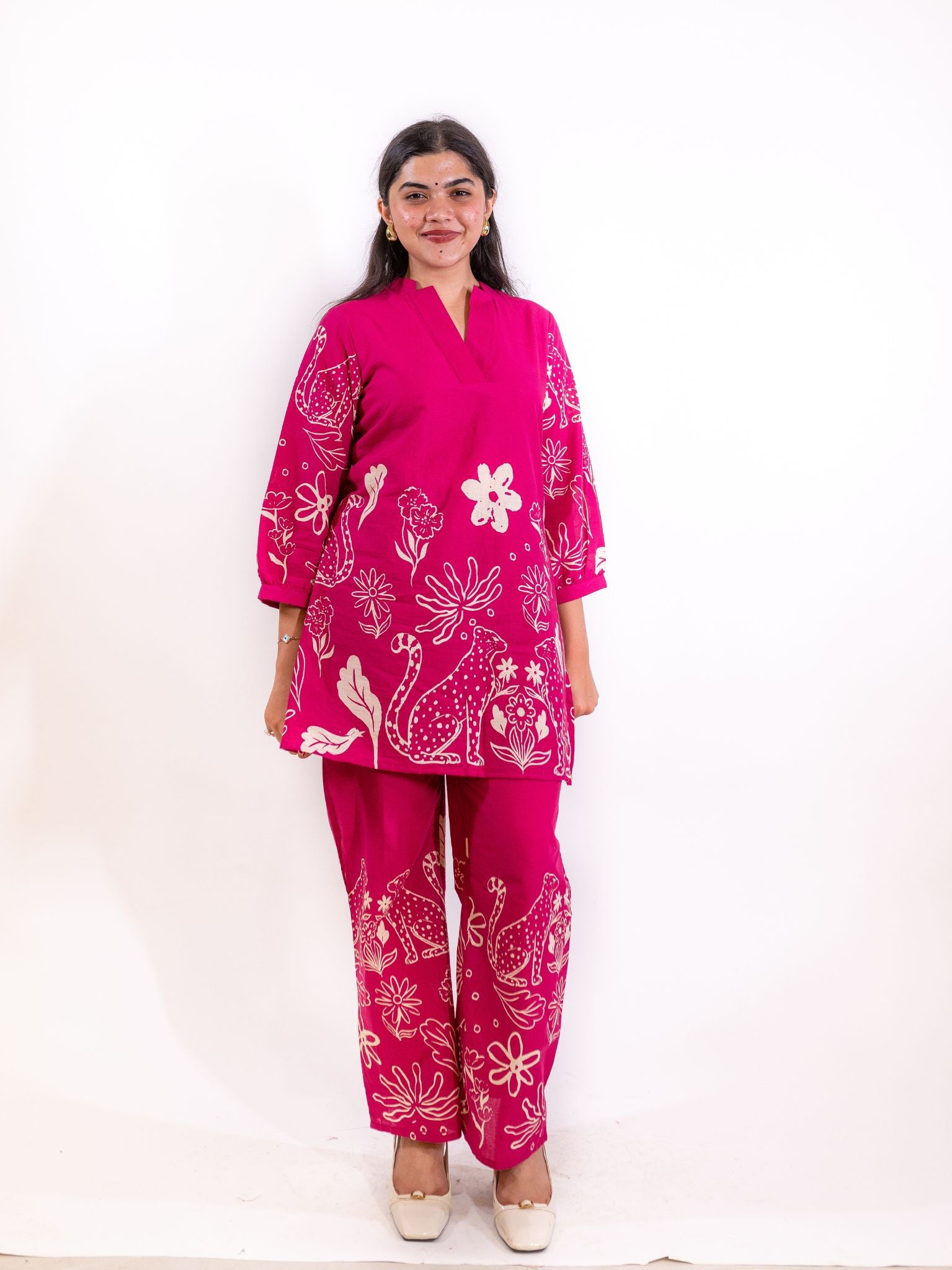 Pink Gati Co-ord Set with Peacock and Floral Motifs