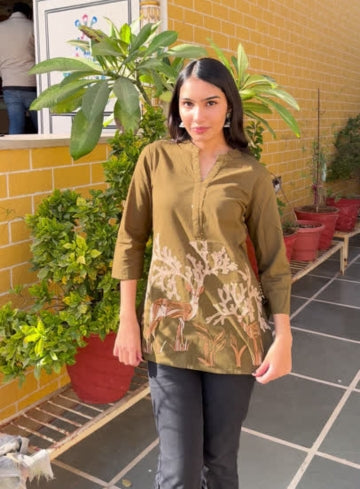 Olive Cotton Flex Kurti With Elegant Beige Nature Print