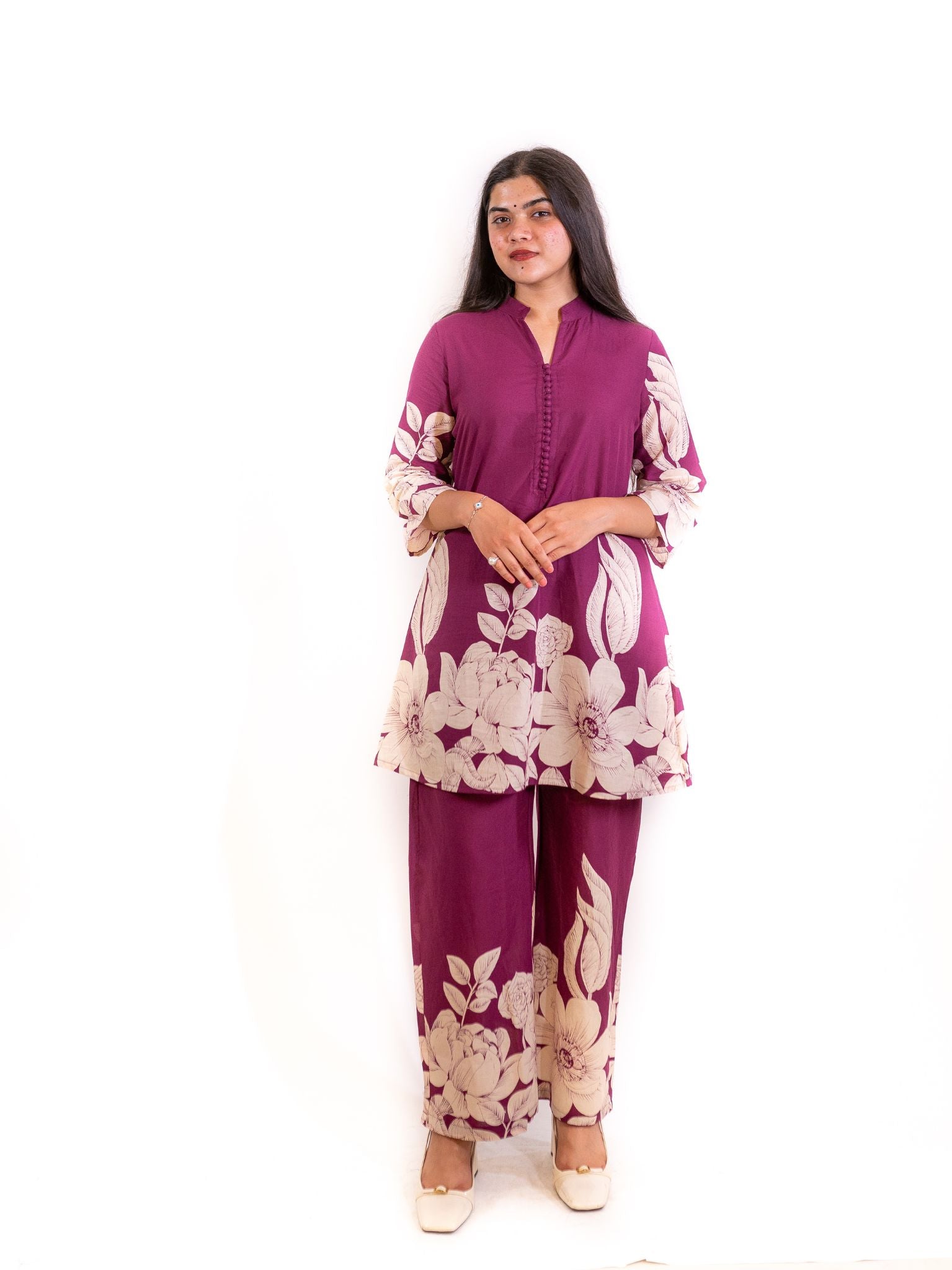 Purple Gulzar Co-ord Set with Ivory Floral Detailing