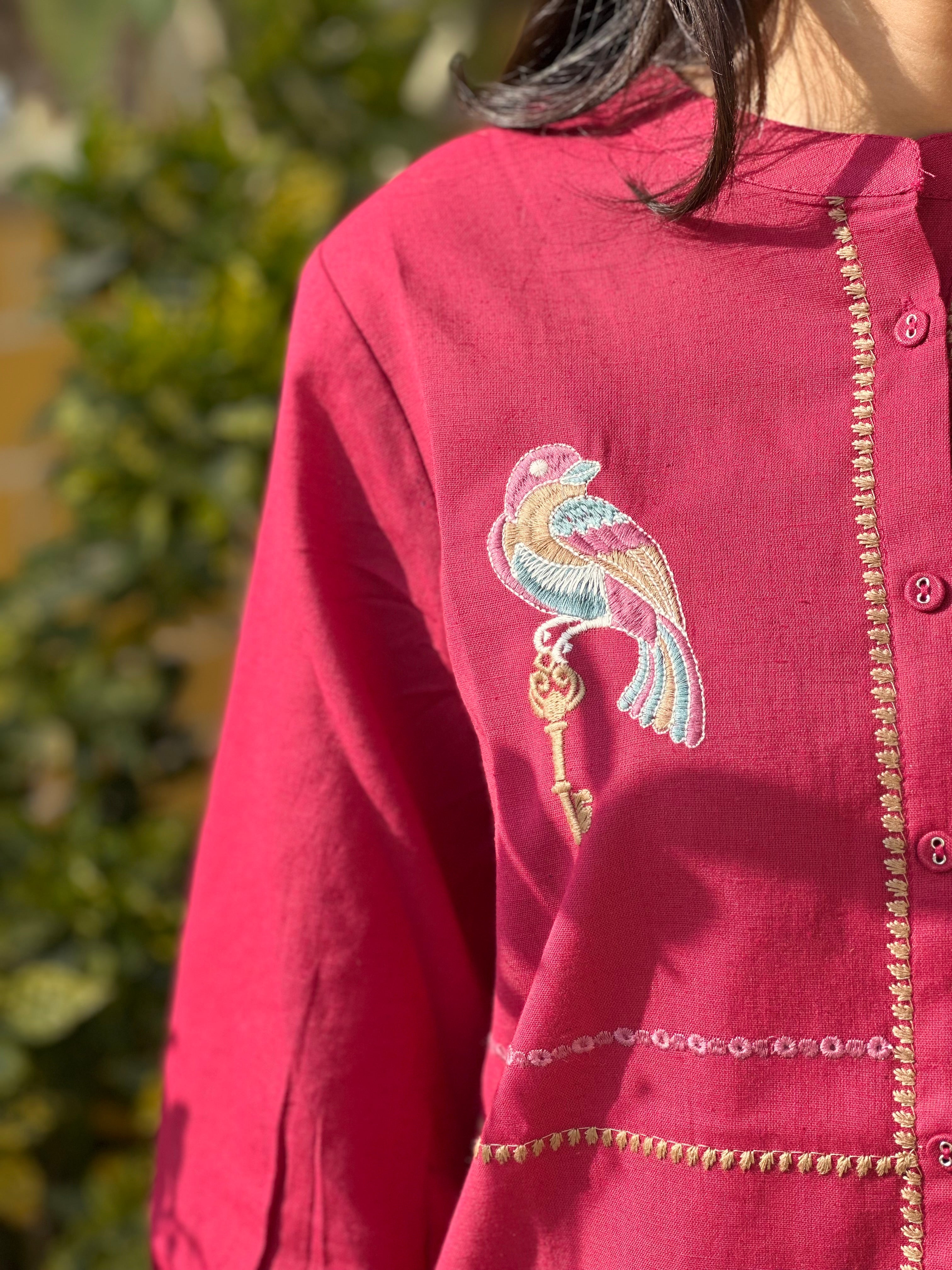 Rani Pink Cotton Flex Kurti With Bird Embroidery
