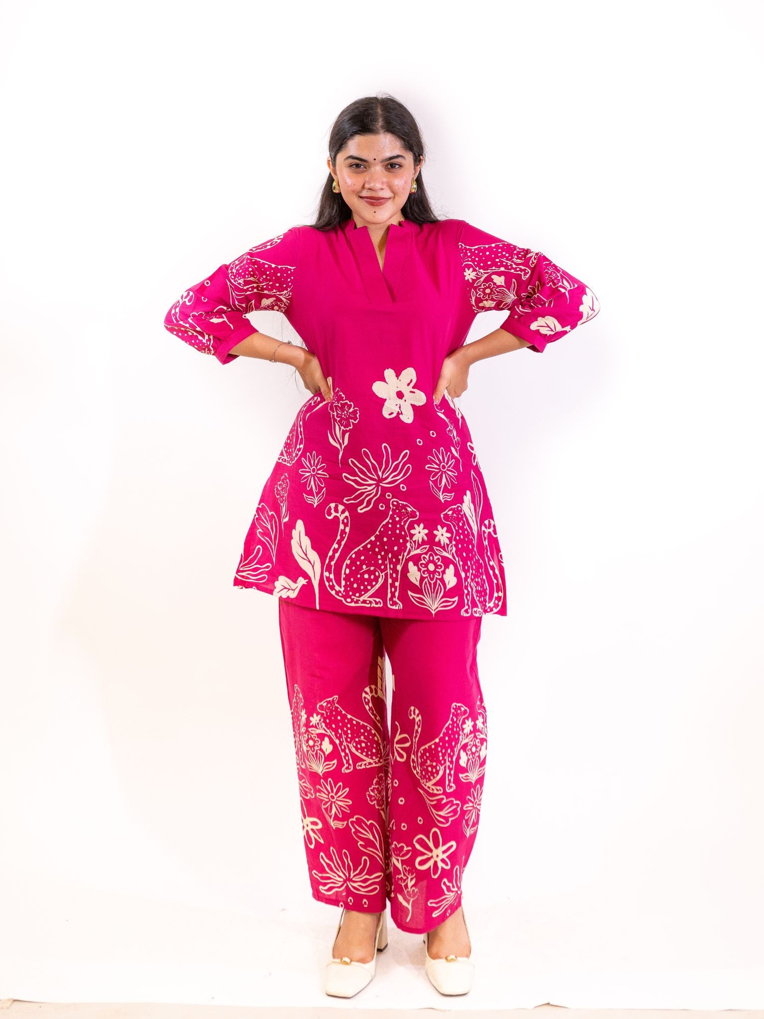 Pink Gati Co-ord Set with Peacock and Floral Motifs