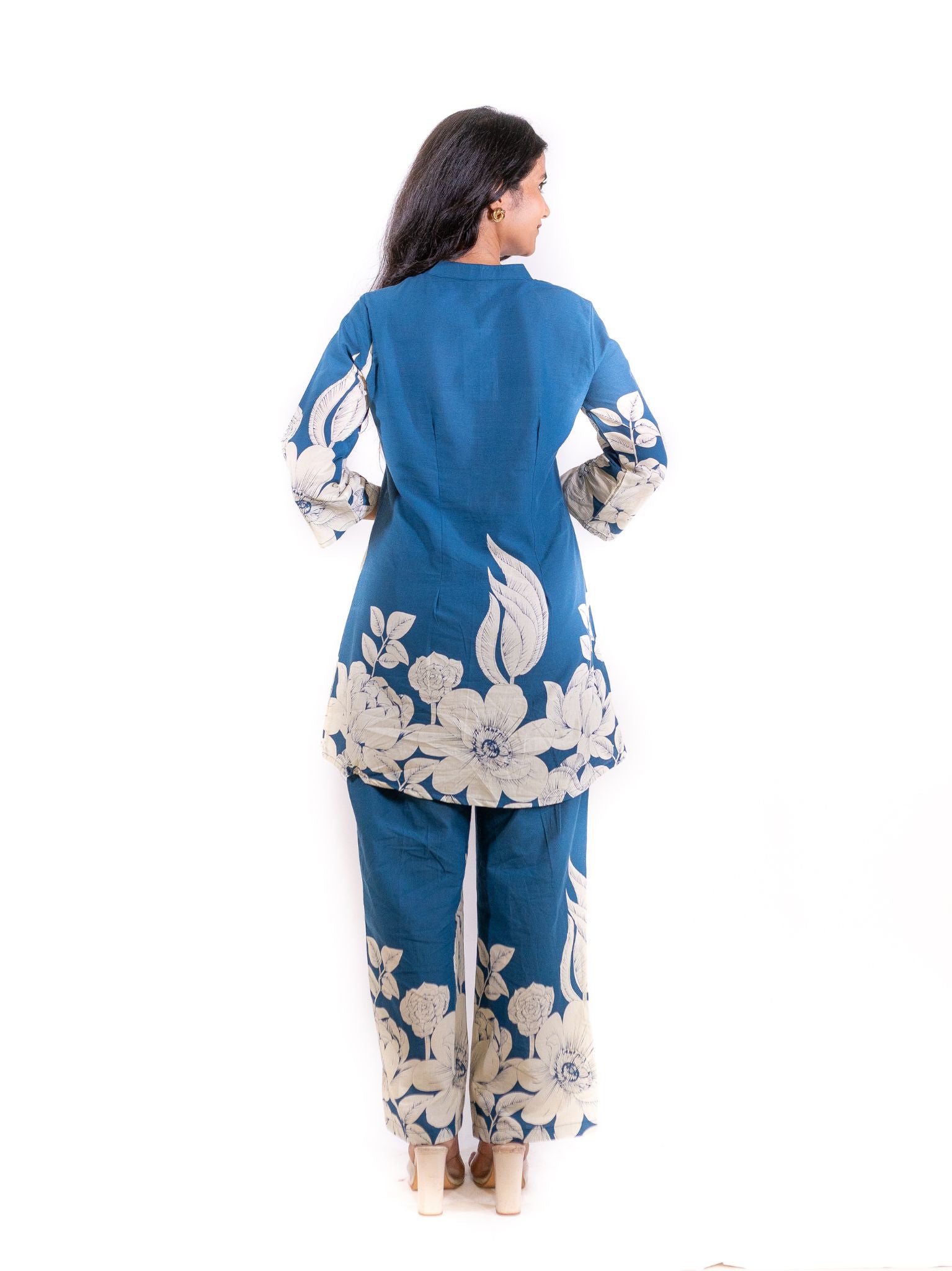 Blue Gulzar Co-ord Set with Ivory Floral Detailing