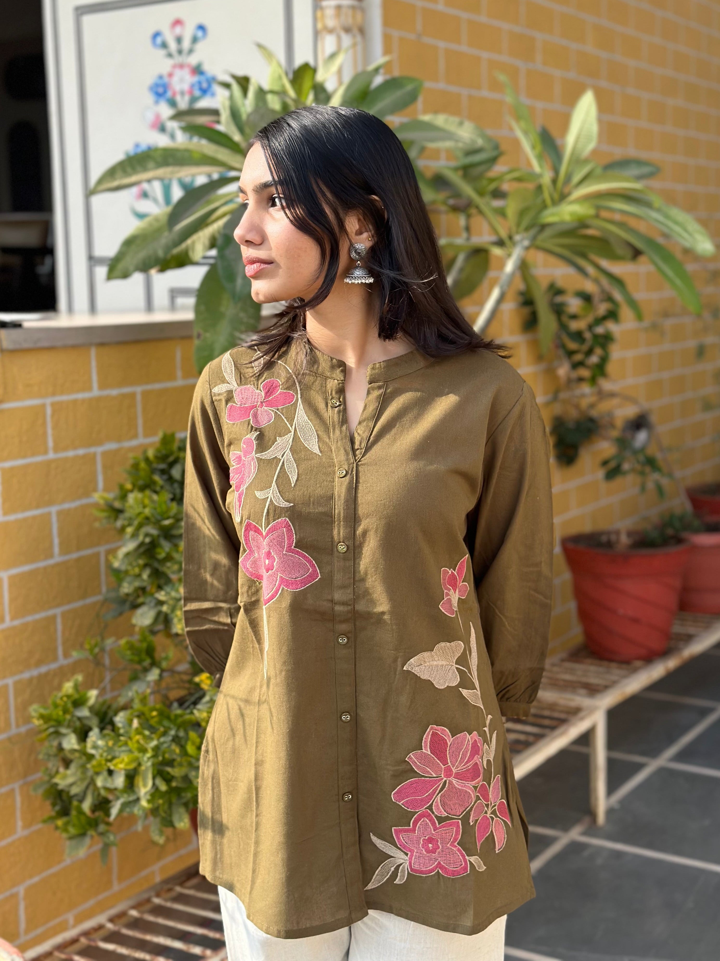 Olive Cotton Flex Kurti With Floral Embroidery