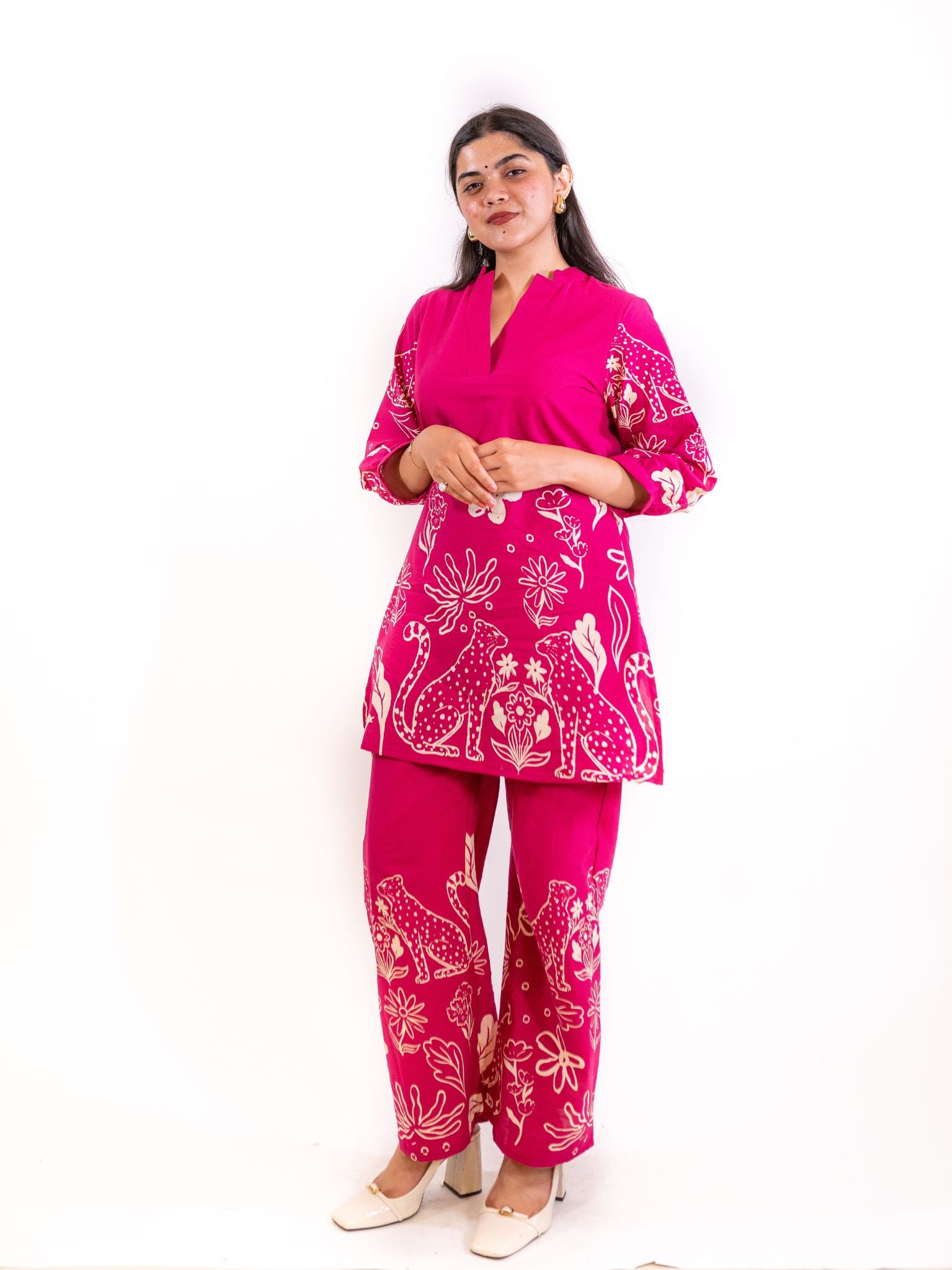 Pink Gati Co-ord Set with Peacock and Floral Motifs