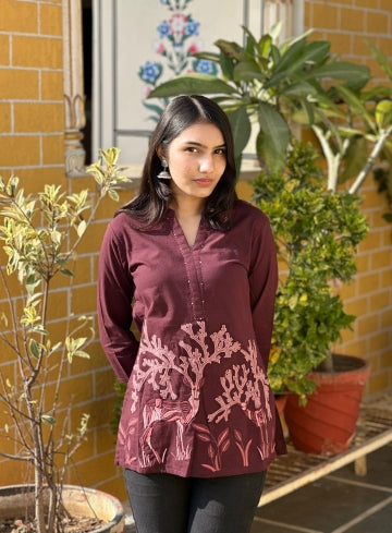 Wine Cotton Flex Kurti With Elegant Blush Nature Print