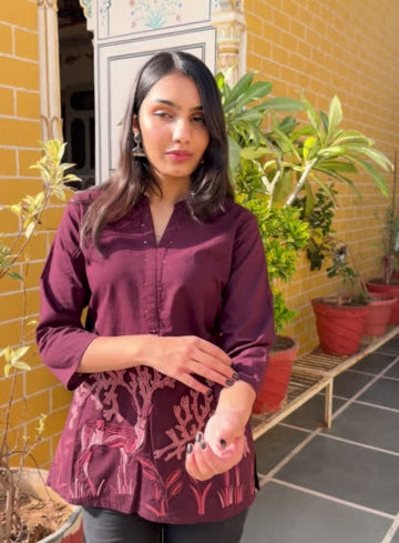 Wine Cotton Flex Kurti With Elegant Blush Nature Print