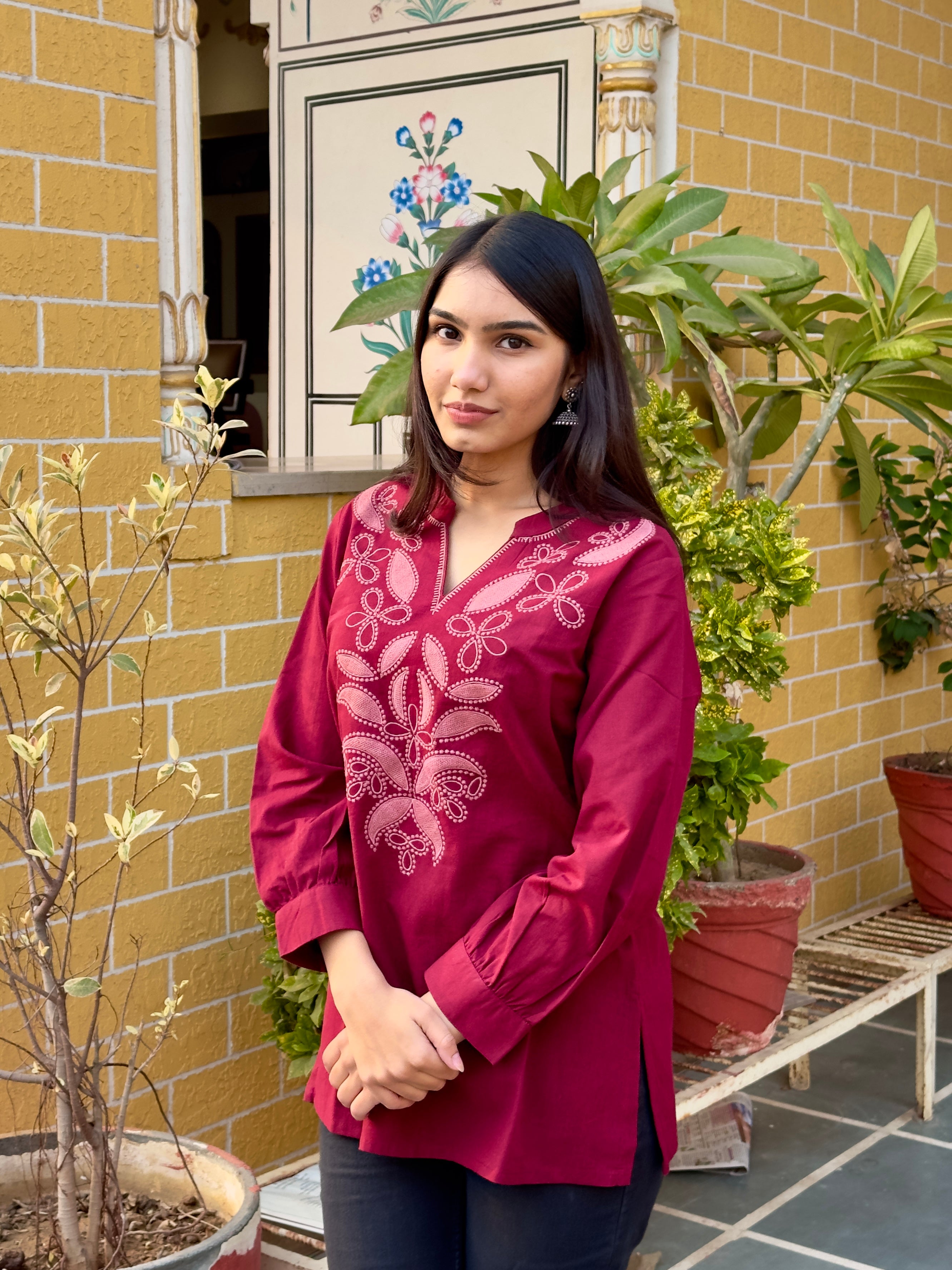 Burgundy Cotton Flex Kurti With Floral Embroidery