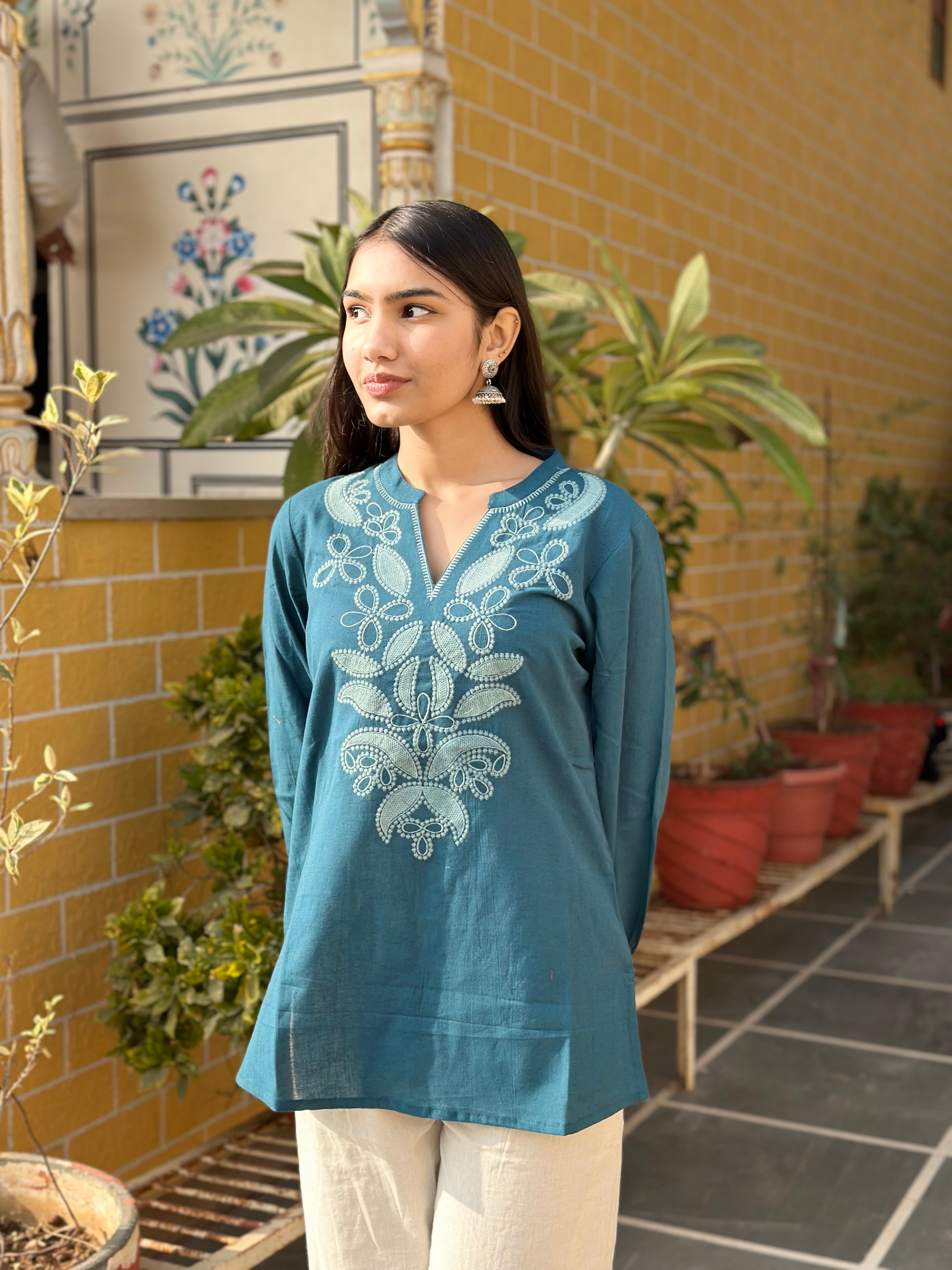 Teal Blue Cotton Flex Kurti With Floral Embroidery
