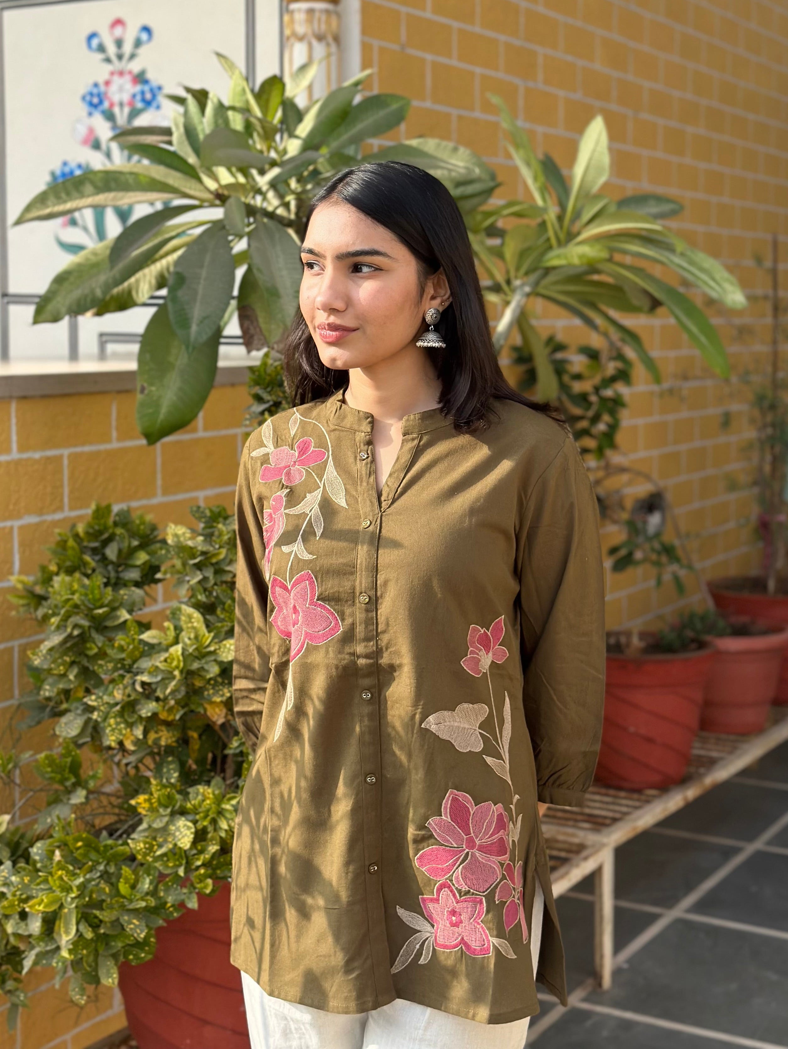 Olive Cotton Flex Kurti With Floral Embroidery
