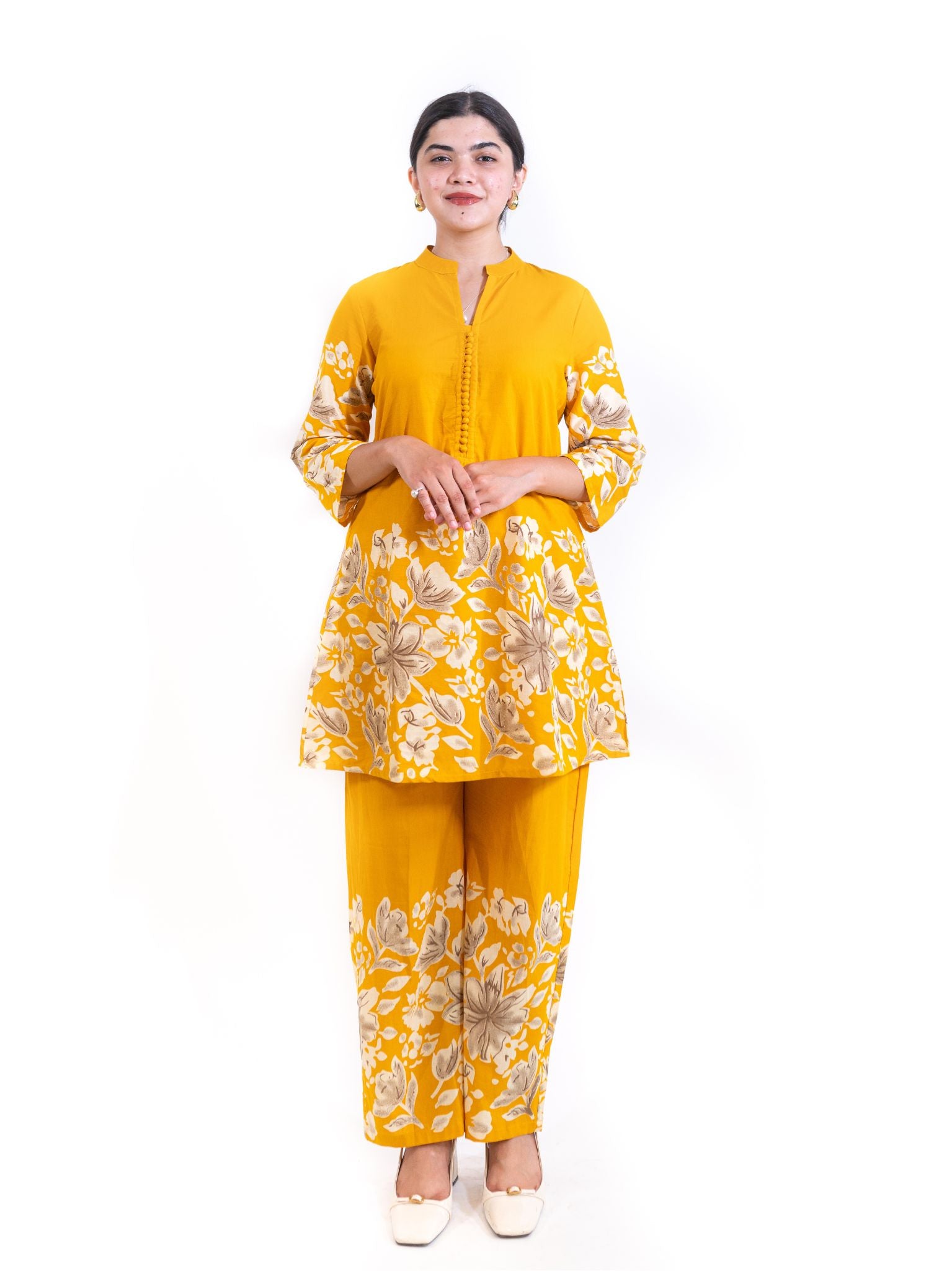 Yellow Floral Mehak Co-ord Set with Stylish Kurti Pants