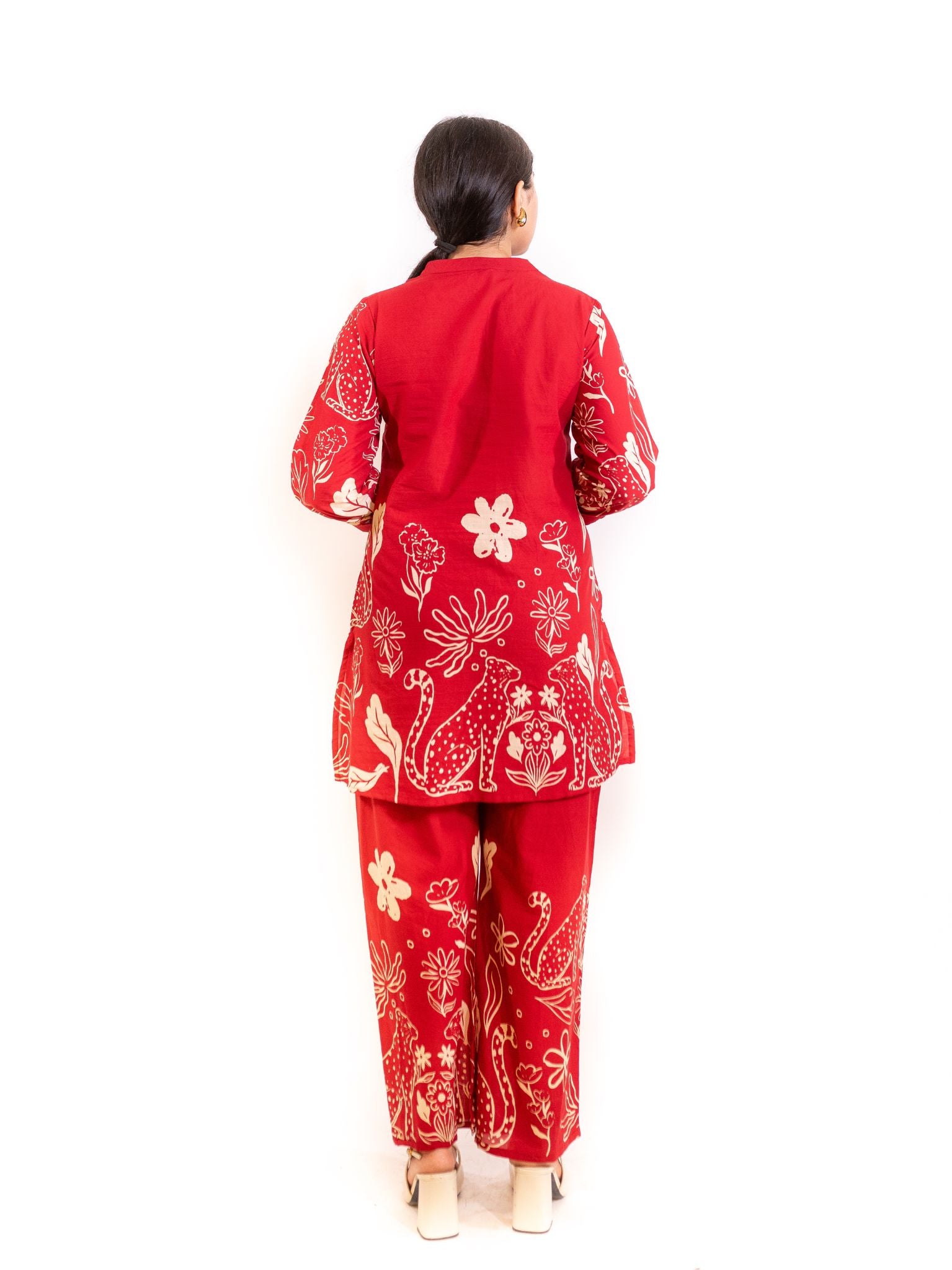 Red Gati Co-ord Set with Peacock and Floral Motifs