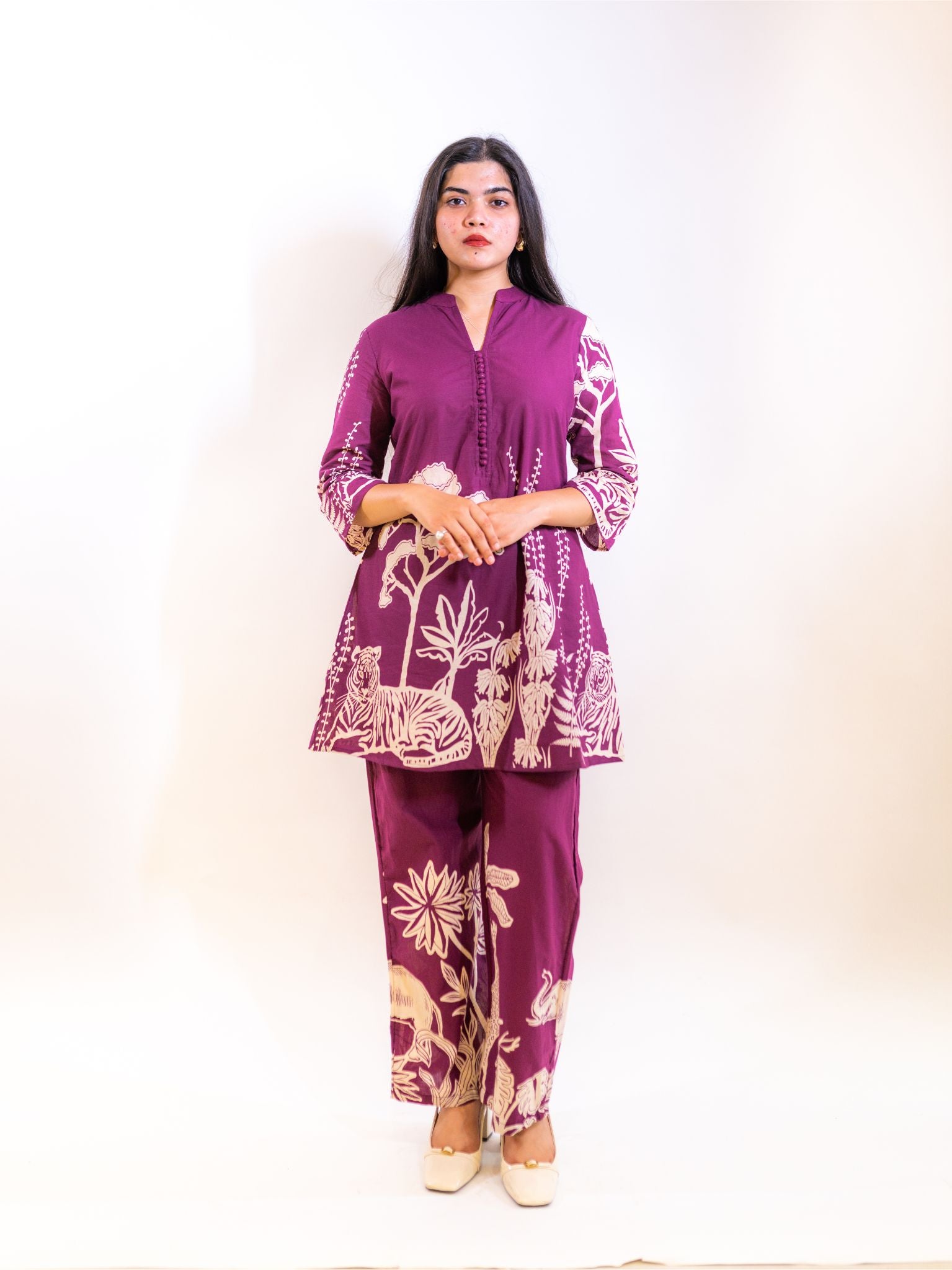 Purple Bagh Co-ord Set with Animal and Floral Prints