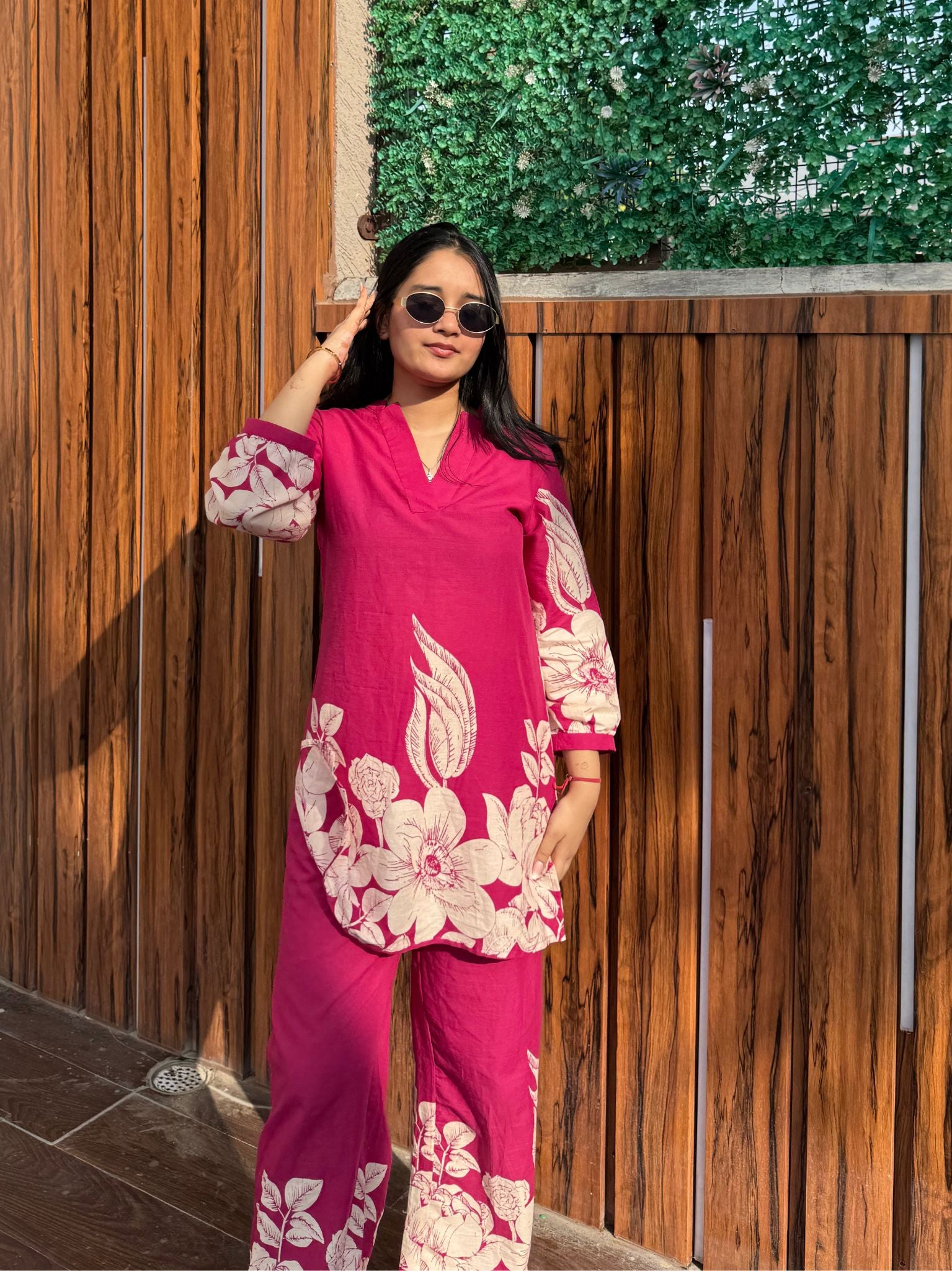 Pink Gulzar Co-ord Set with Bold Floral Motifs