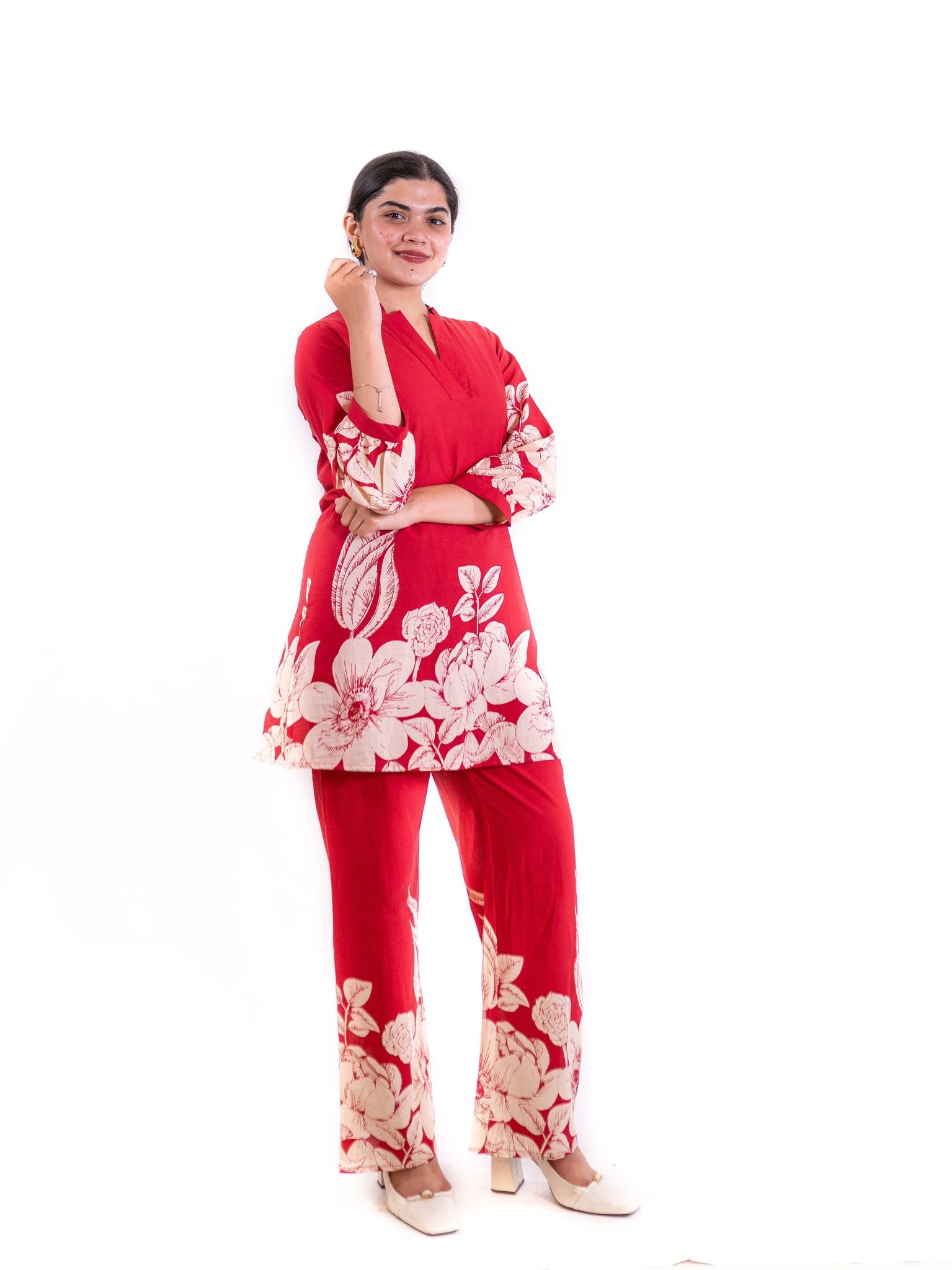 Red Gulzar Co-ord Set with Ivory Floral Embellishments