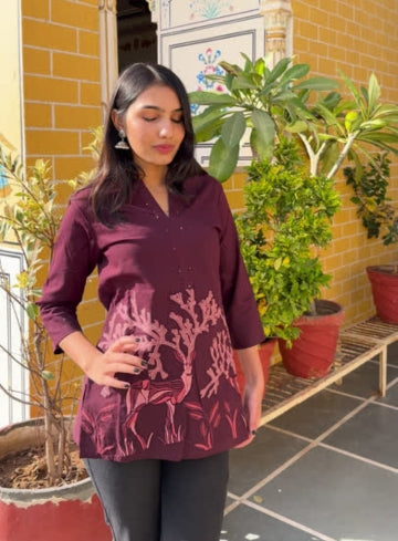 Wine Cotton Flex Kurti With Elegant Blush Nature Print