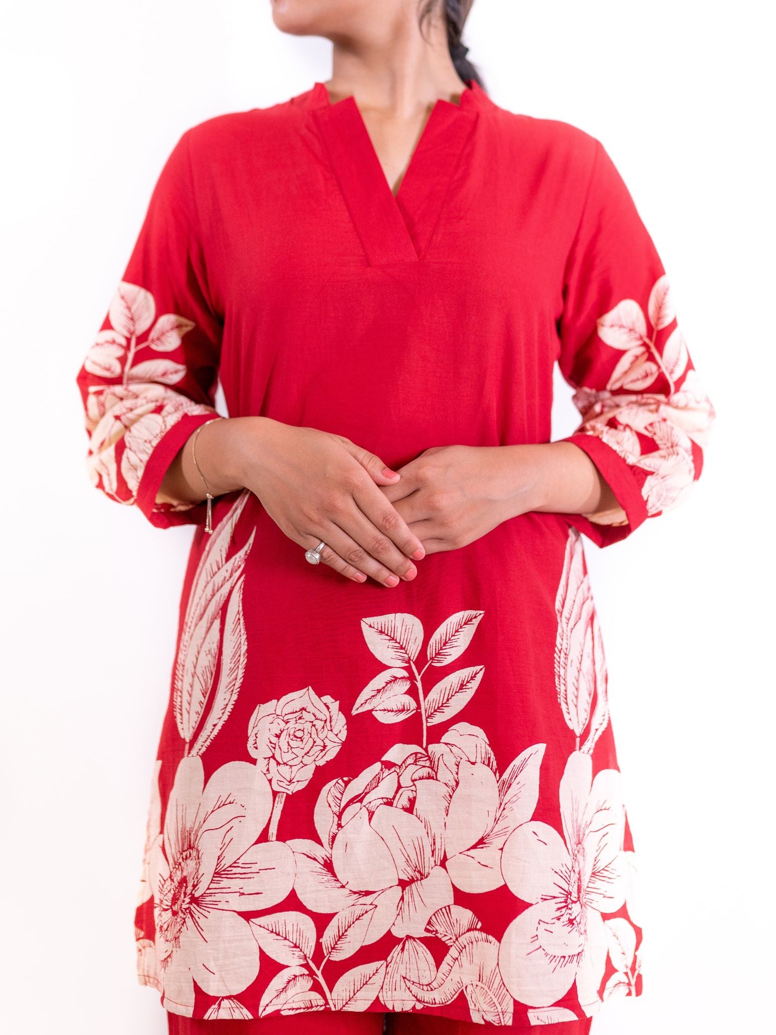 Red Gulzar Co-ord Set with Ivory Floral Embellishments