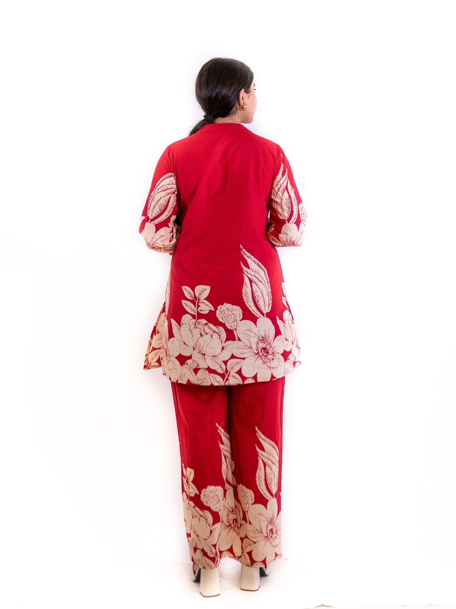 Red Gulzar Co-ord Set with Ivory Floral Embellishments