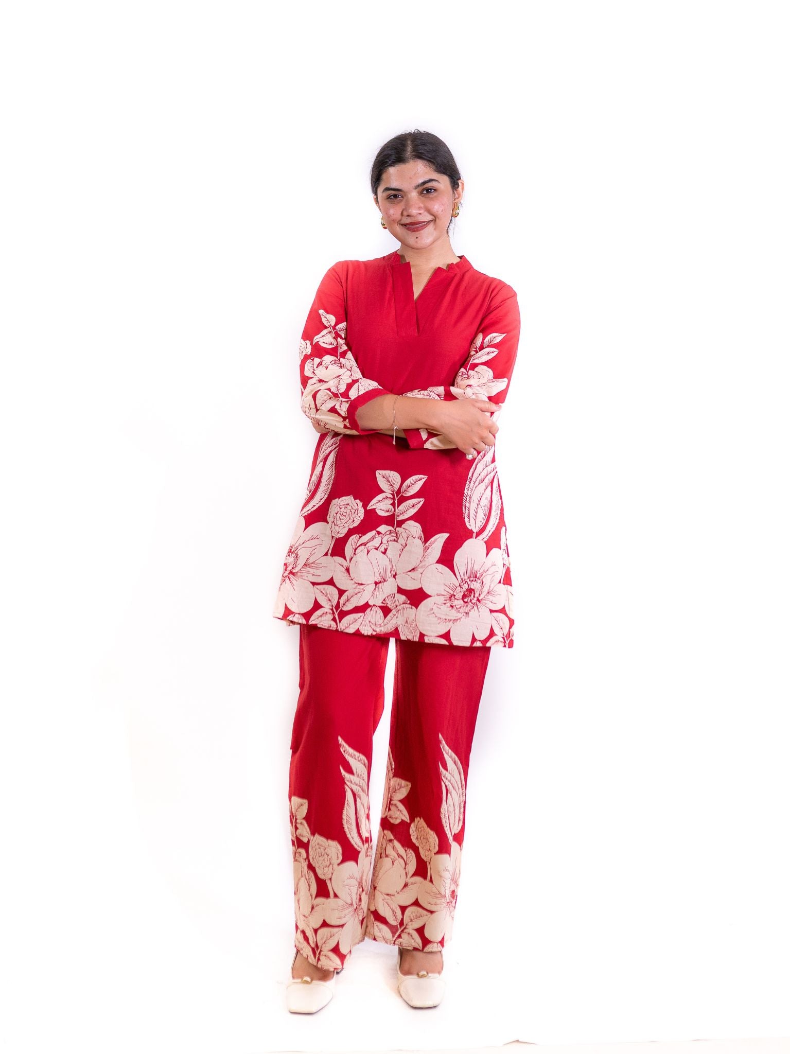 Red Gulzar Co-ord Set with Ivory Floral Embellishments
