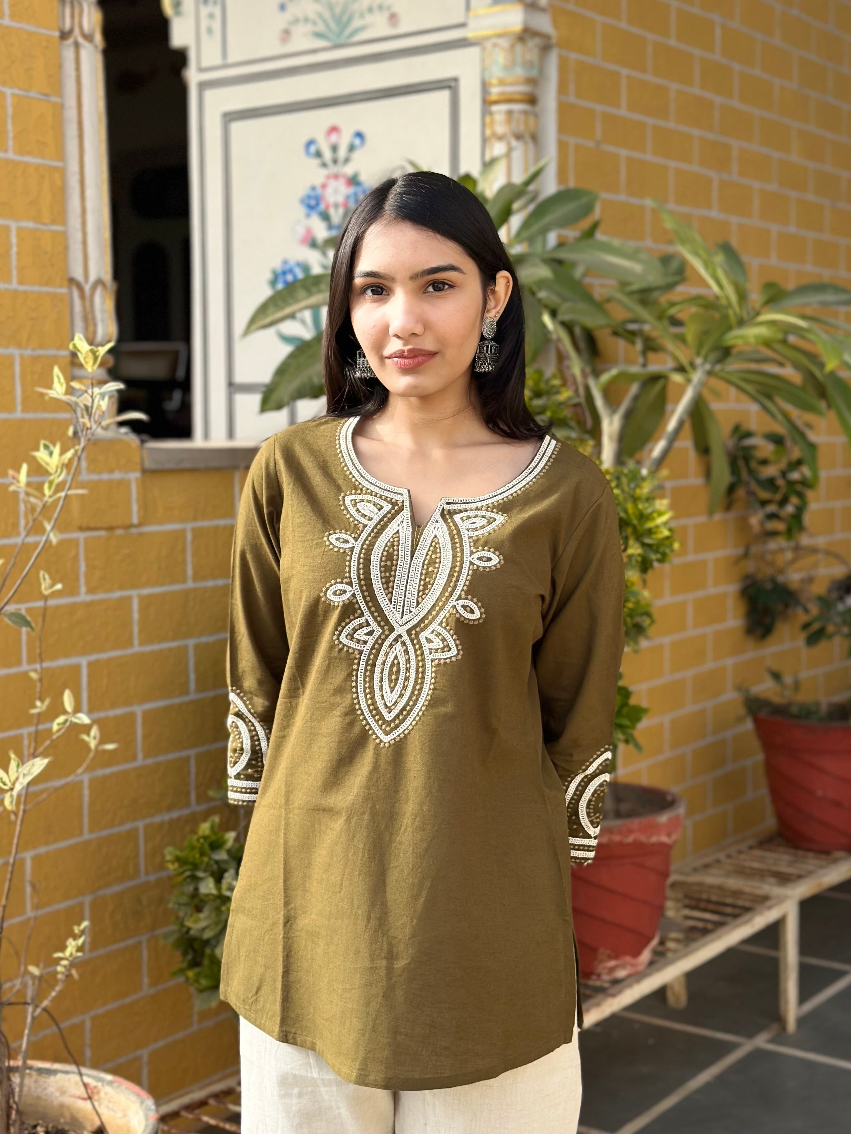 Olive Embroidered Cotton Flex Kurti