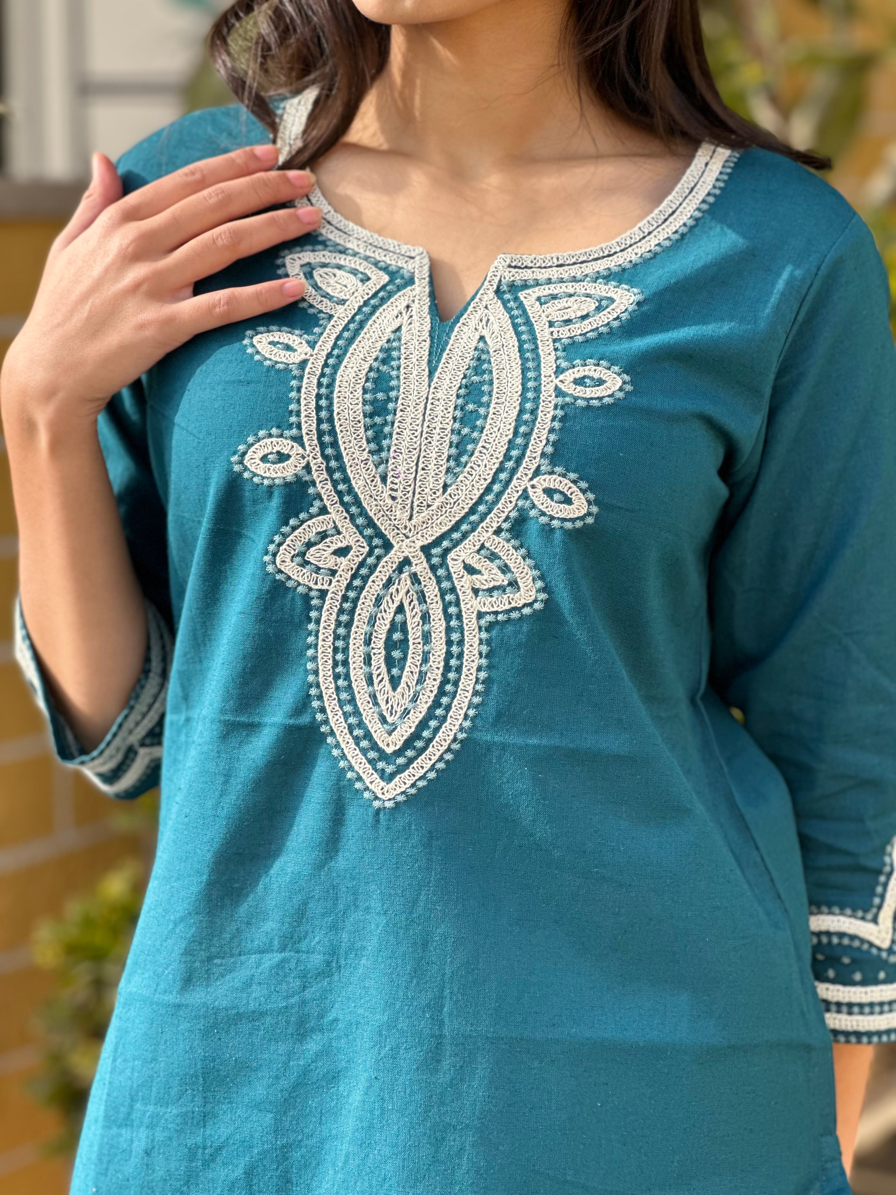 Teal Blue Embroidered Cotton Flex Kurti