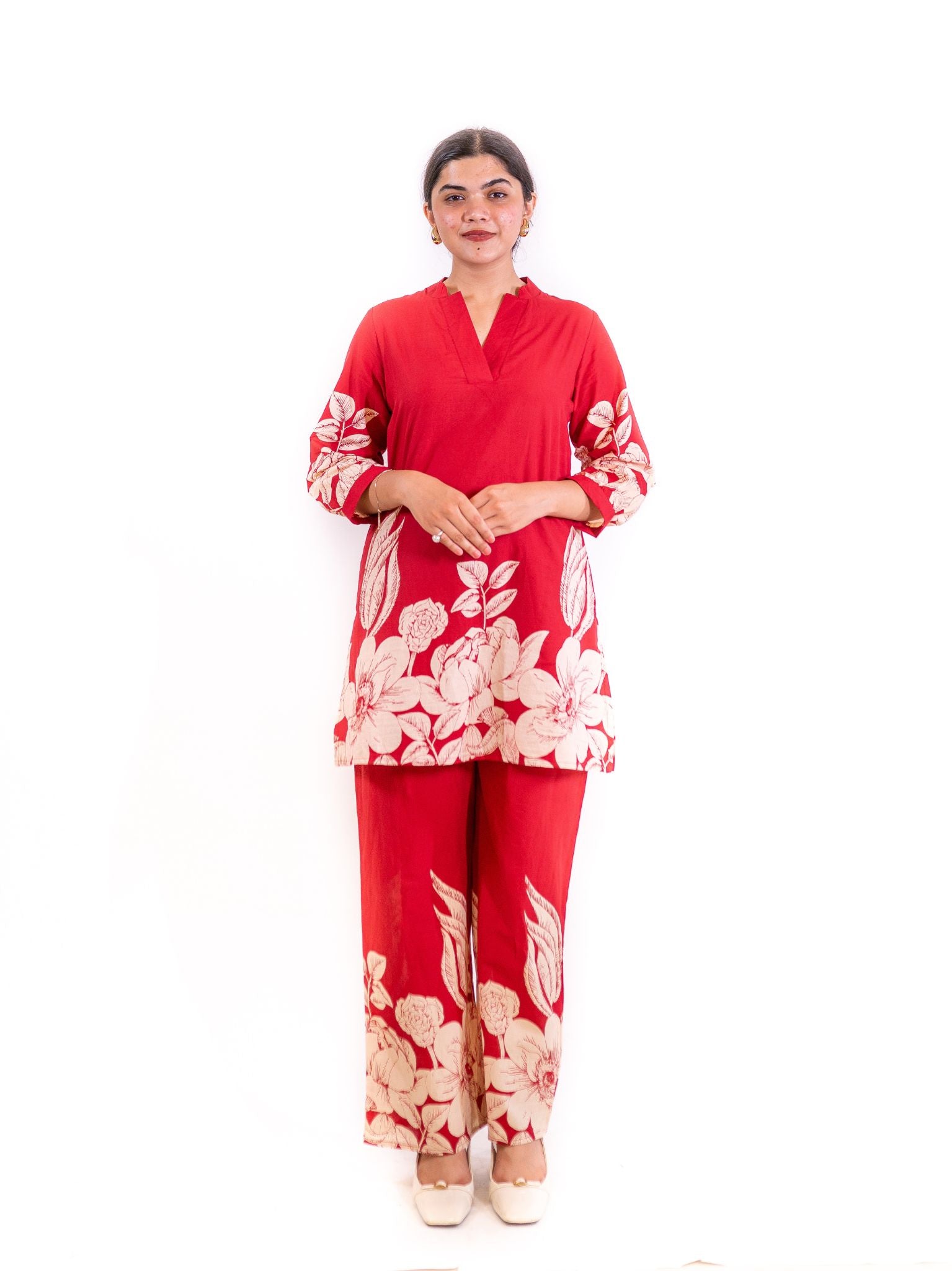 Red Gulzar Co-ord Set with Ivory Floral Embellishments