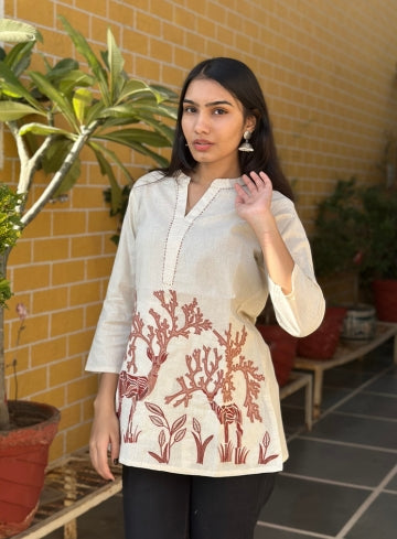 Beige Cotton Flex Kurti With Elegant Maroon Nature Print