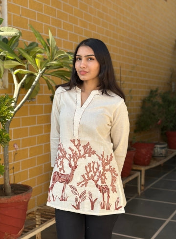 Beige Cotton Flex Kurti With Elegant Maroon Nature Print