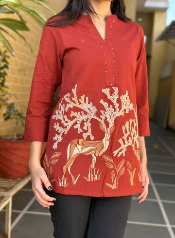 Rust Cotton Flex Kurti With Elegant Beige Nature Print