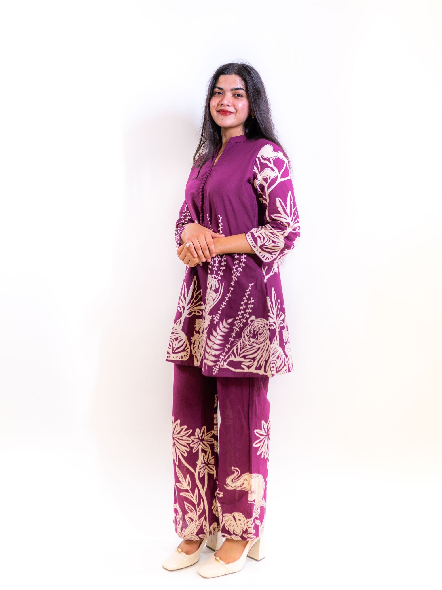 Purple Bagh Co-ord Set with Animal and Floral Prints