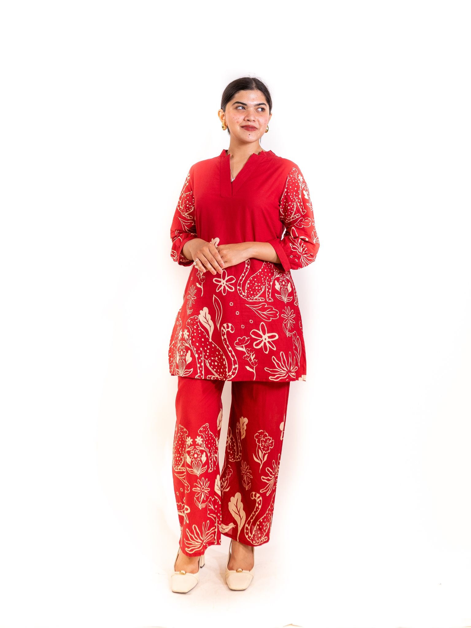Red Gati Co-ord Set with Peacock and Floral Motifs