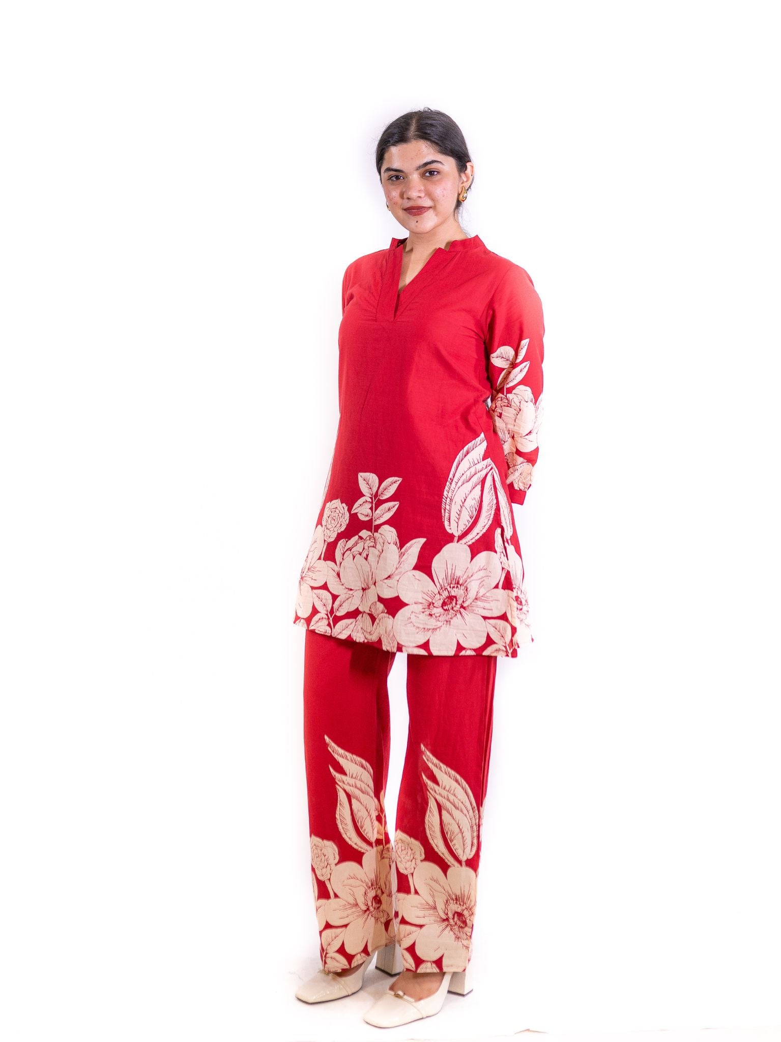 Red Gulzar Co-ord Set with Ivory Floral Embellishments