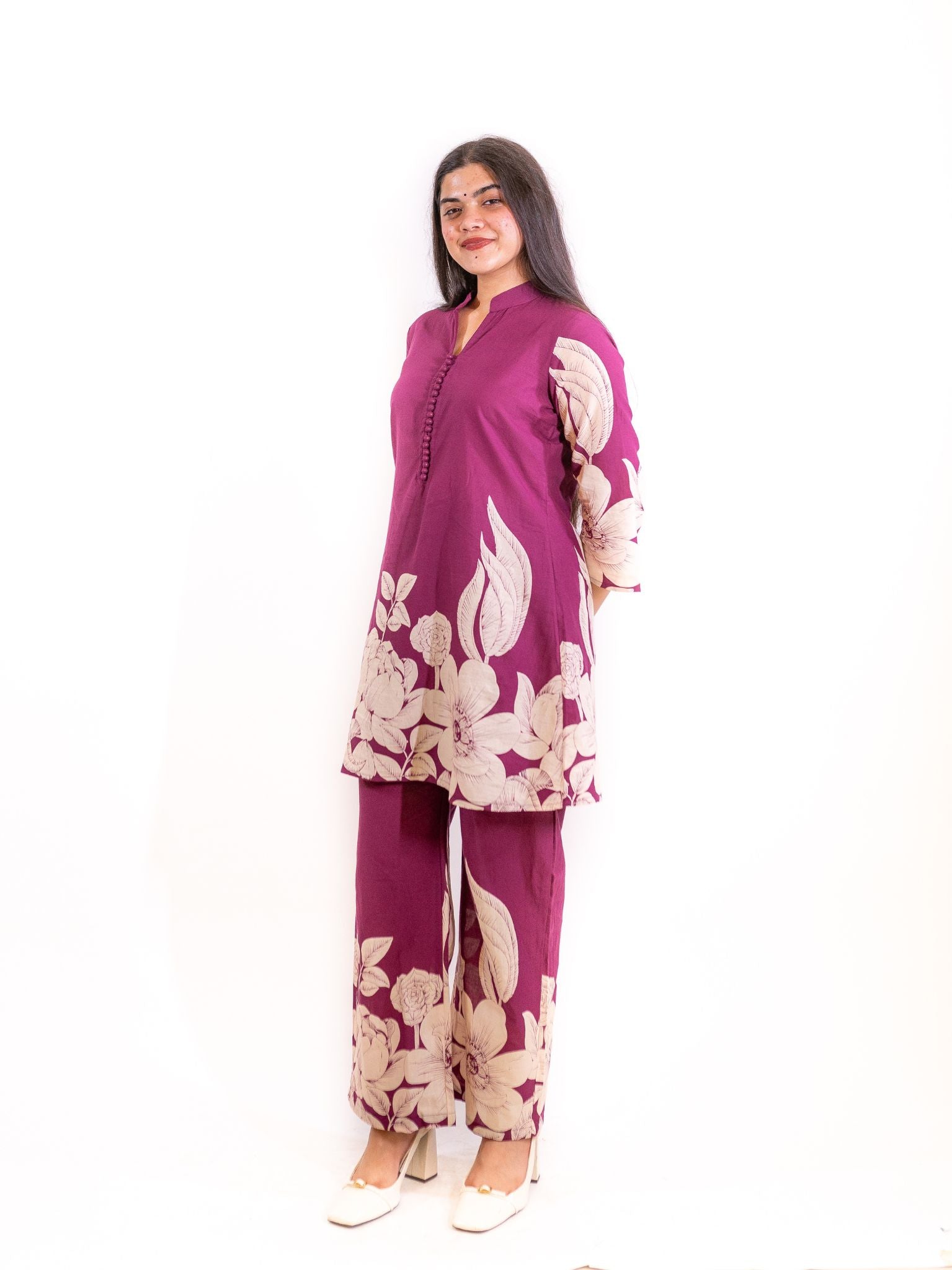Purple Gulzar Co-ord Set with Ivory Floral Detailing