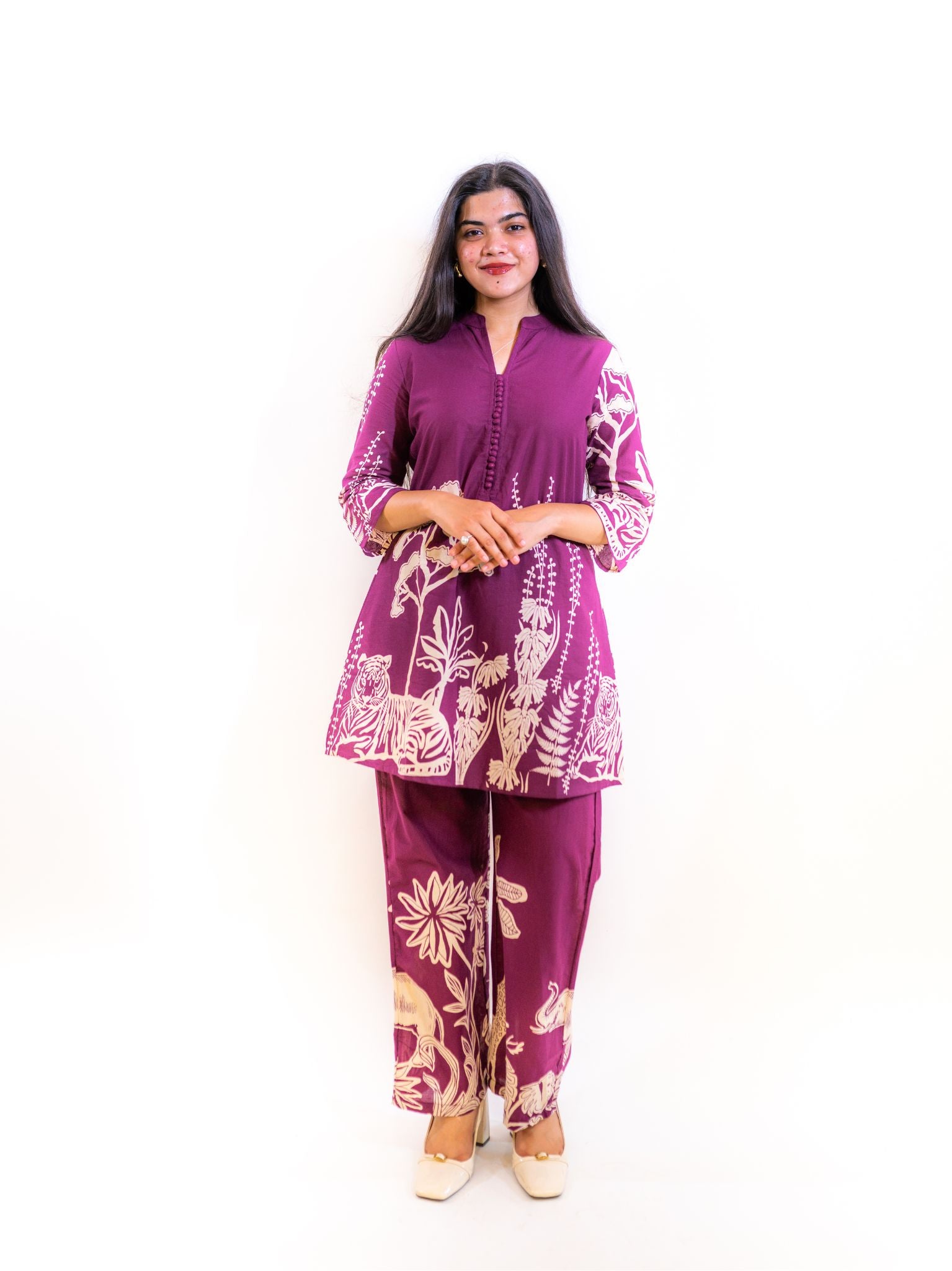 Purple Bagh Co-ord Set with Animal and Floral Prints