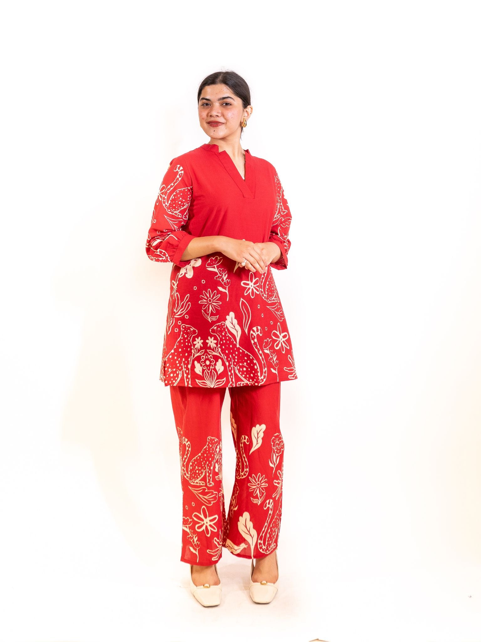 Red Gati Co-ord Set with Peacock and Floral Motifs